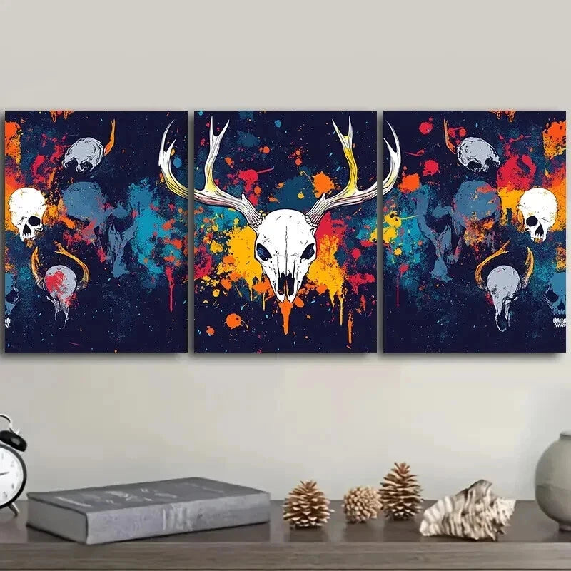 3-Piece Skull and Bison Horn Wall Art Set - Framed Canvas Prints 50x70cm (20x28 Inches) - High Quality Australian Made Home Decor - Perfect for Living Room, Bedroom or Office Decoration