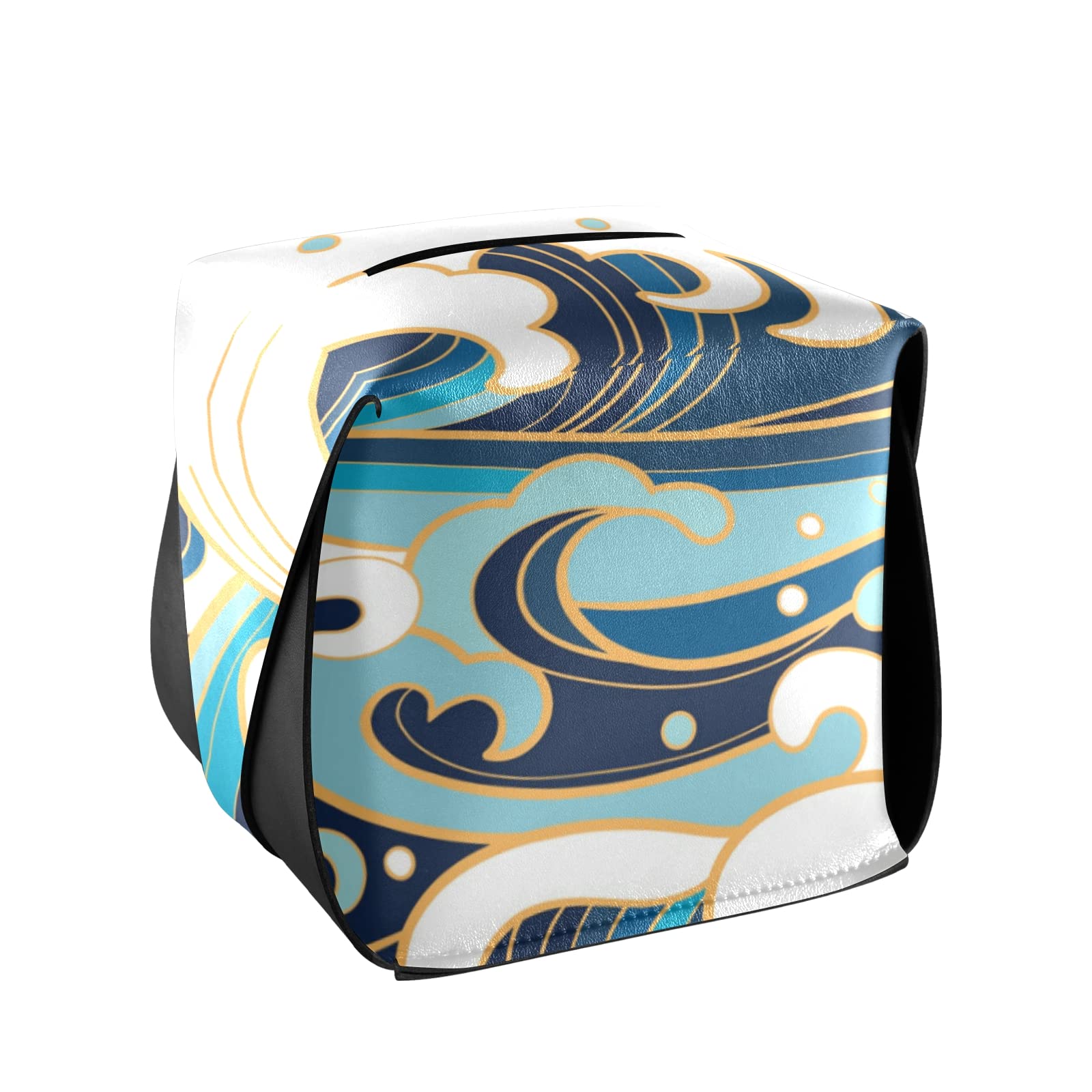 Japanese Traditional Blue White Wave Pattern Leather Tissue Box Cover - 5.7x5.7x5.7 Inch Rectangular Design with Handle for Bathroom, Home, Office & Car | Perfect for Nightstands, Vanity Countertops and Desk Decor