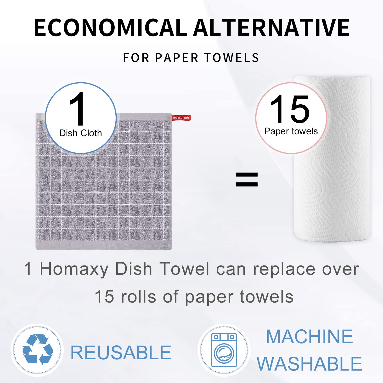 Homaxy 100% Cotton Terry Dish Cloths - Ultra Soft Absorbent Kitchen Towels (6 Pack, 12x12