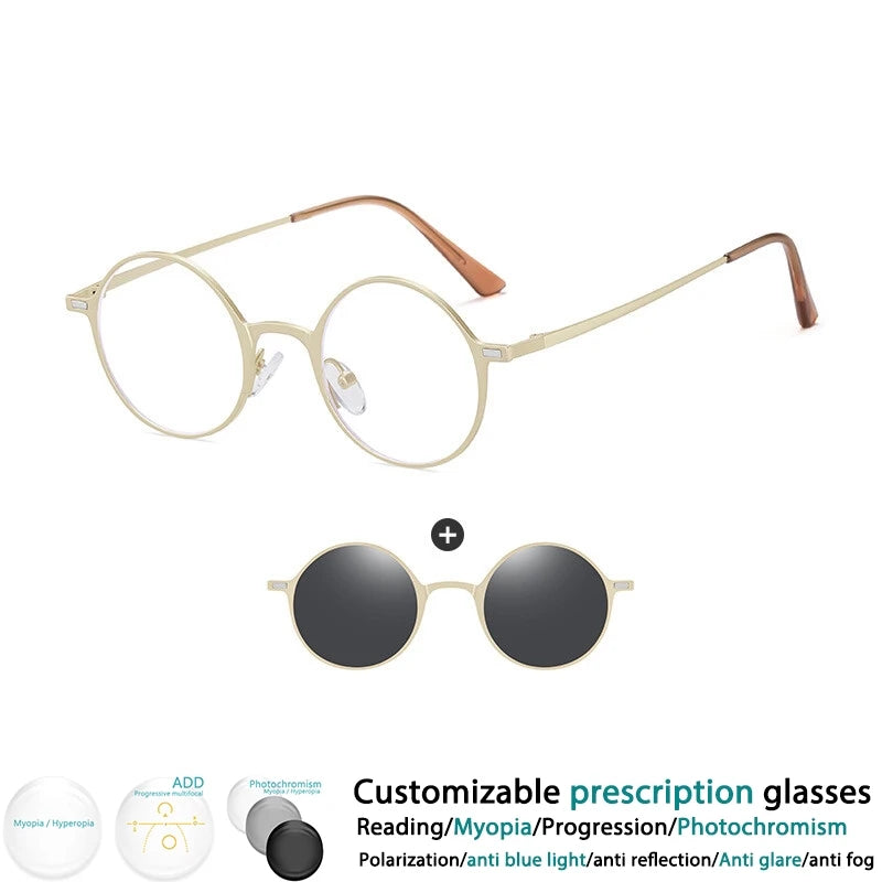 CCspace Women's Full Rim Round Alloy Eyeglasses with Clip-On Sunglasses - Stylish & Lightweight Frame for Reading, Driving, and Outdoor Activities (Model 302147)