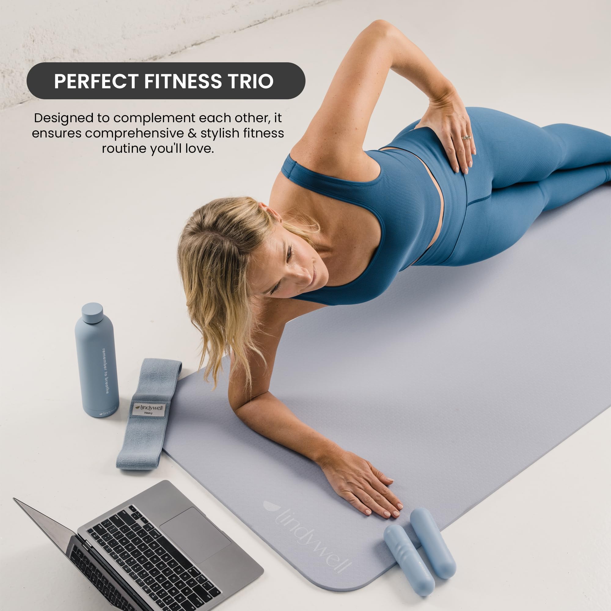 Lindywell Home Pilates Equipment Set - 3 Color Fabric Resistance Bands, Insulated Stainless Steel Water Bottle, 2LB Hand Weights - Complete Workout Kit for Women & Men - Perfect for Home Gym, Yoga, Strength Training and Hydration
