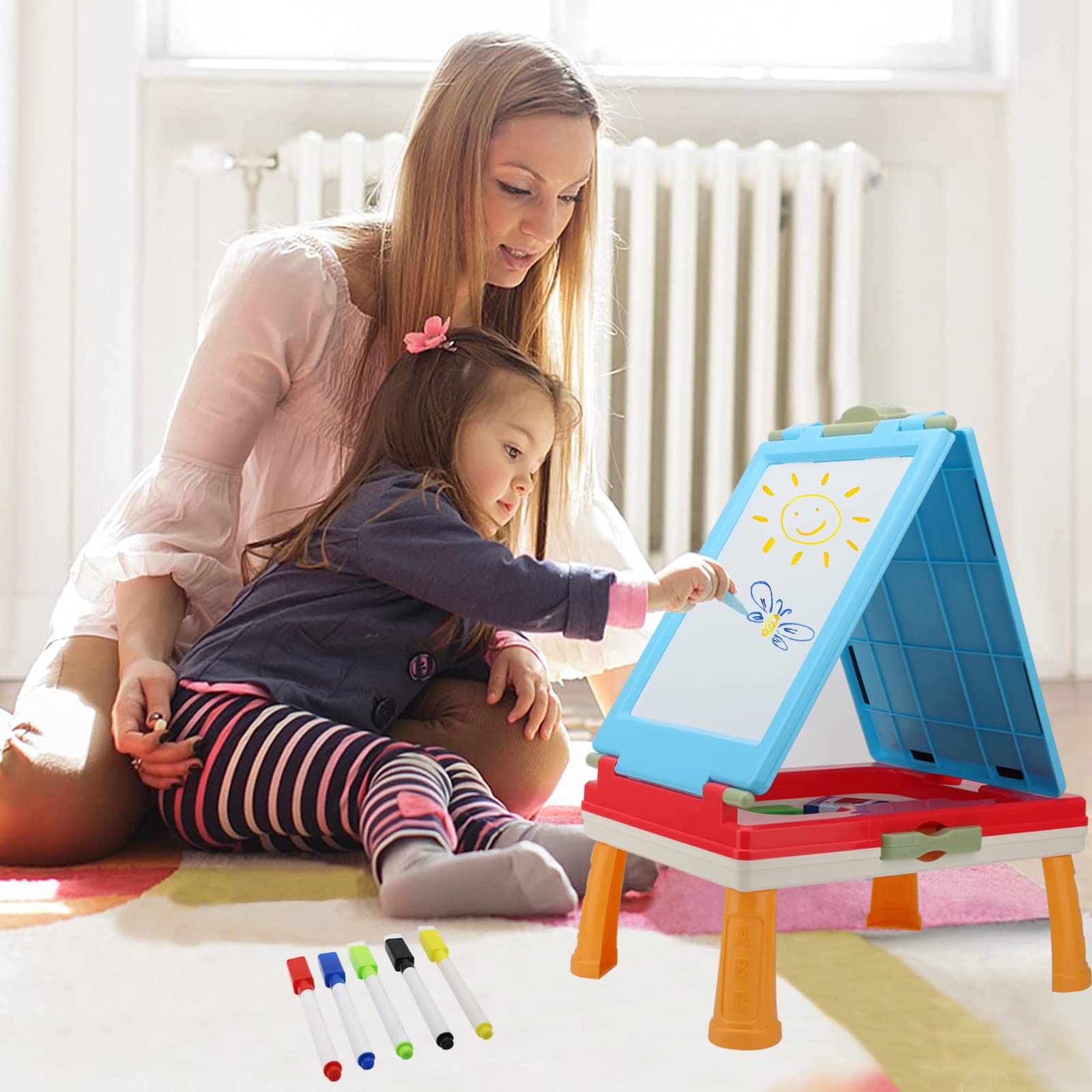 Double Sided Foldable Kids Table Art Easel - Adjustable Chalkboard & Whiteboard Desktop Drawing Stand with Storage Tray | Perfect for Home, Classroom & Travel Art Activities (Red)