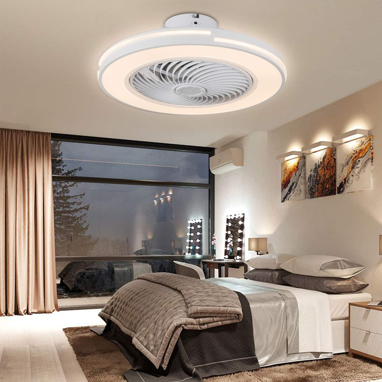 Modern LED Flush Mount Ceiling Fan with Light - Remote Control, Dimmable, Hidden Blades, Low Profile - Adjustable Speed - White (US Stock) - Perfect for Bedroom, Living Room, and Office Lighting