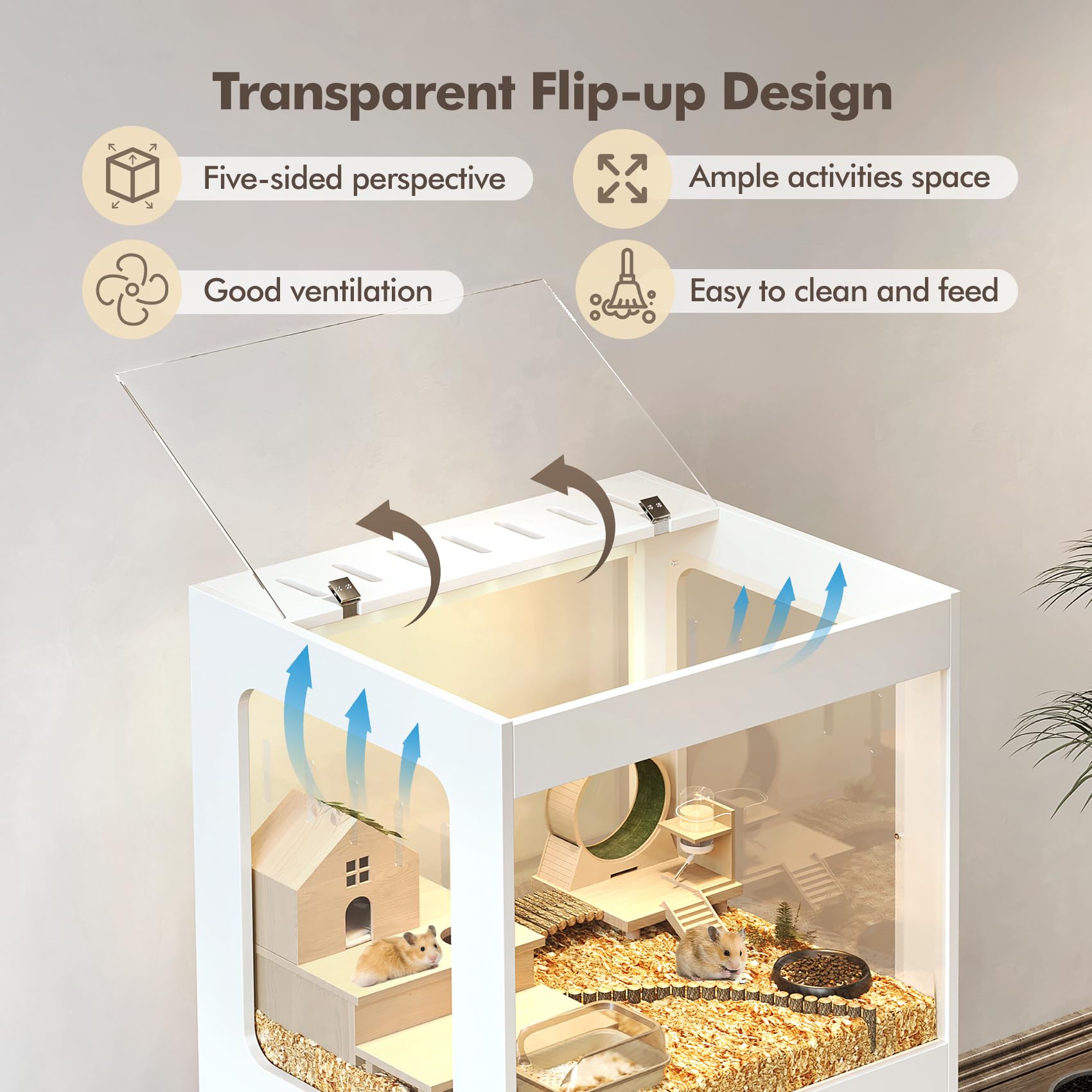 Large Hamster Cage with LED Lights & 360° View Acrylic Panels - Spacious Small Animal Habitat with Storage Cabinet for Guinea Pigs, Rats, Hedgehogs, Ferrets - Perfect for Pet Playtime & Home Decor