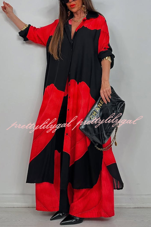 Stylish Printed Casual Loose Long Shirt & Elastic Waist Pocket Wide Leg Pants Set - Women's Comfortable Outfit for Work, Travel and Daily Wear