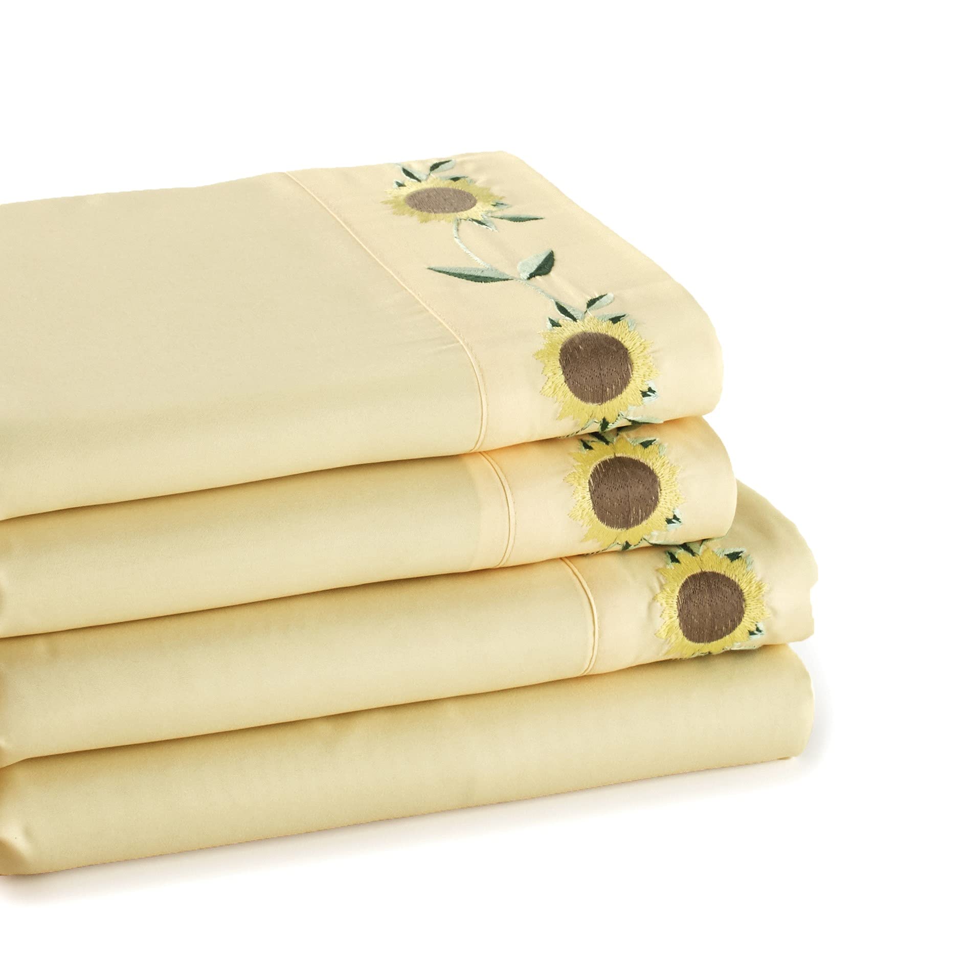 Sunflower Embroidered Sheet Set - Rustic Farmhouse Bedding with Pillowcases - Full Size for Cozy Bedroom Decor | Perfect for Guest Rooms & Country Style Homes