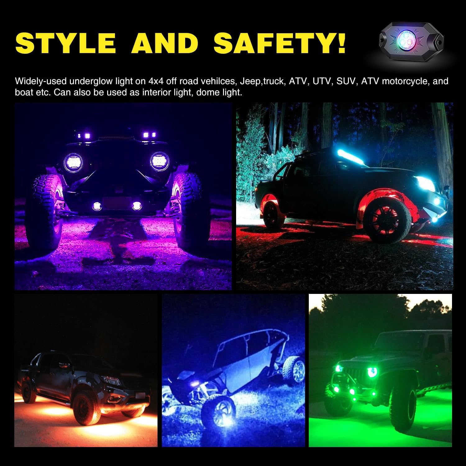 6-Piece RGB LED Rock Lights with Bluetooth Control - Multicolor Underglow Neon Lights for Cars, Trucks & SUVs | Perfect for Off-Roading, Car Shows & Night Driving