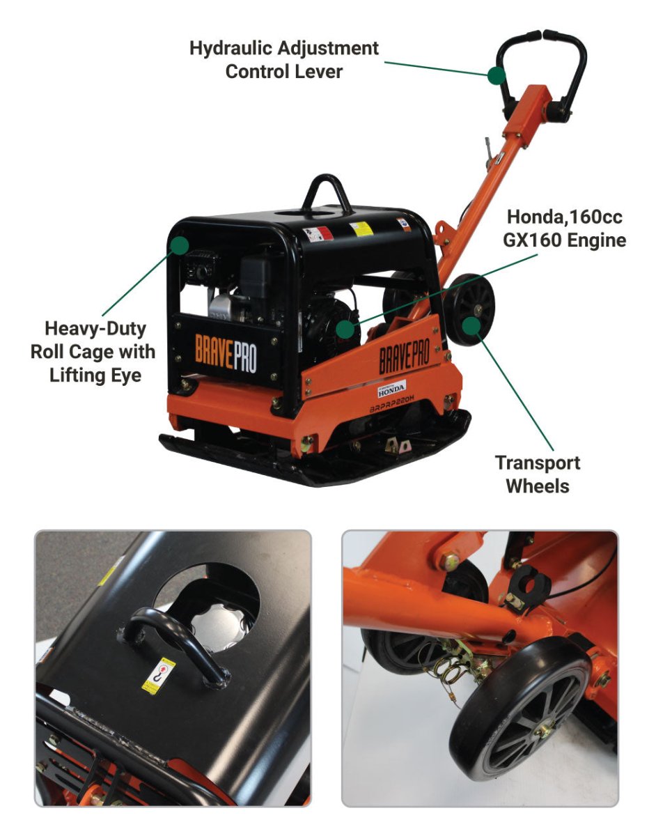 Brave 20-Inch Reversible Plate Compactor with Wheel Kit & Honda GX200 Engine - Perfect for Driveway Compaction, Landscaping, and Construction Projects