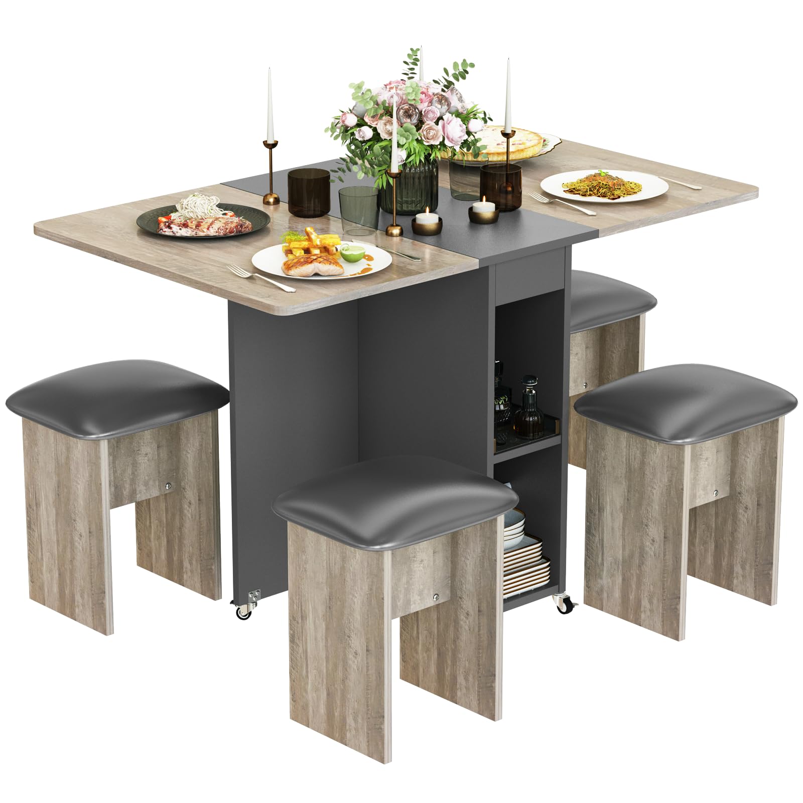 Space-Saving 4-Person Folding Dining Table Set with 4 Leather Chairs & Storage Shelves - Foldable Kitchen Table with 6 Wheels for Small Apartments (Grey) | Perfect for Compact Homes, Studio Apartments & Multi-Functional Spaces