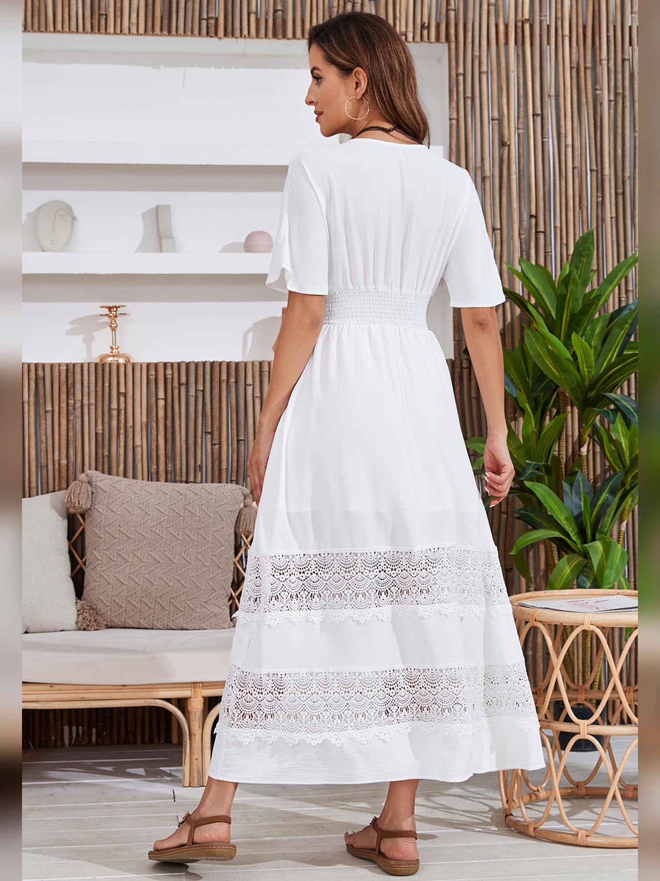 Boho Maxi Dress for Women 2024 - Summer V Neck Lace Wedding Guest Dress with Smocked Waist | Bohemian Long Flowy Dresses for Beach, Party & Special Occasions
