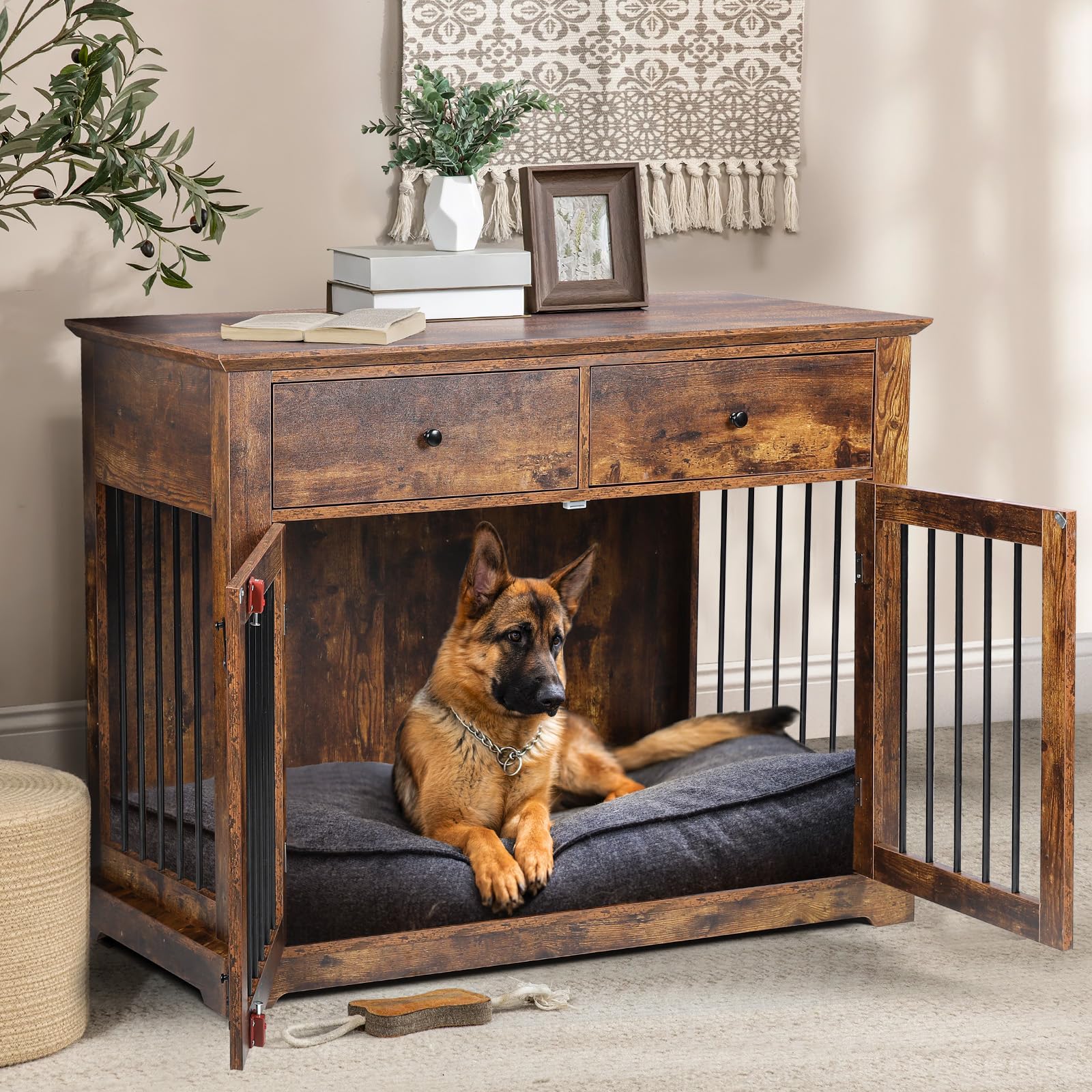 LEMBERI 44 Inch Large Dog Crate Furniture - Wooden Dog Kennel End Table with Storage Drawers | Indoor Pet Cage & Dog House for Medium to Large Dogs | Perfect for Living Room, Bedroom or Office (Brown)