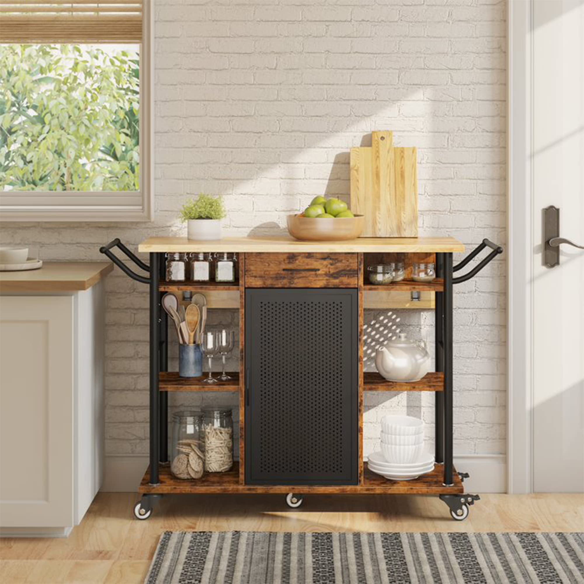 Bestier 6-Tier Rolling Kitchen Cart with Collapsible Extender - Storage Cabinet, Drawer & Side Handles - Mobile Utility Cart for Small Spaces - Perfect for Kitchen, Bathroom, Office or Dorm Organization (Brown)