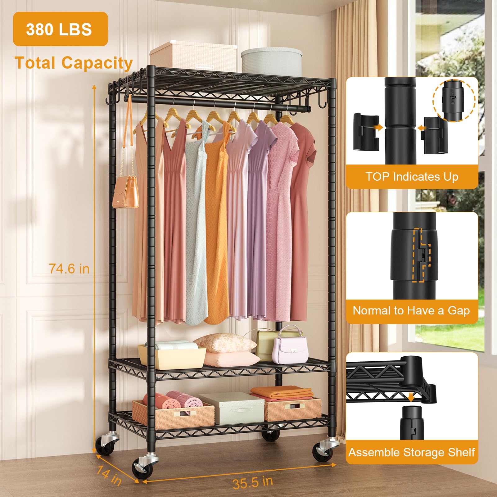 Heavy Duty P6 Rolling Clothes Rack - 380 LBS Capacity Freestanding Garment Rack with Wheels, 35.5