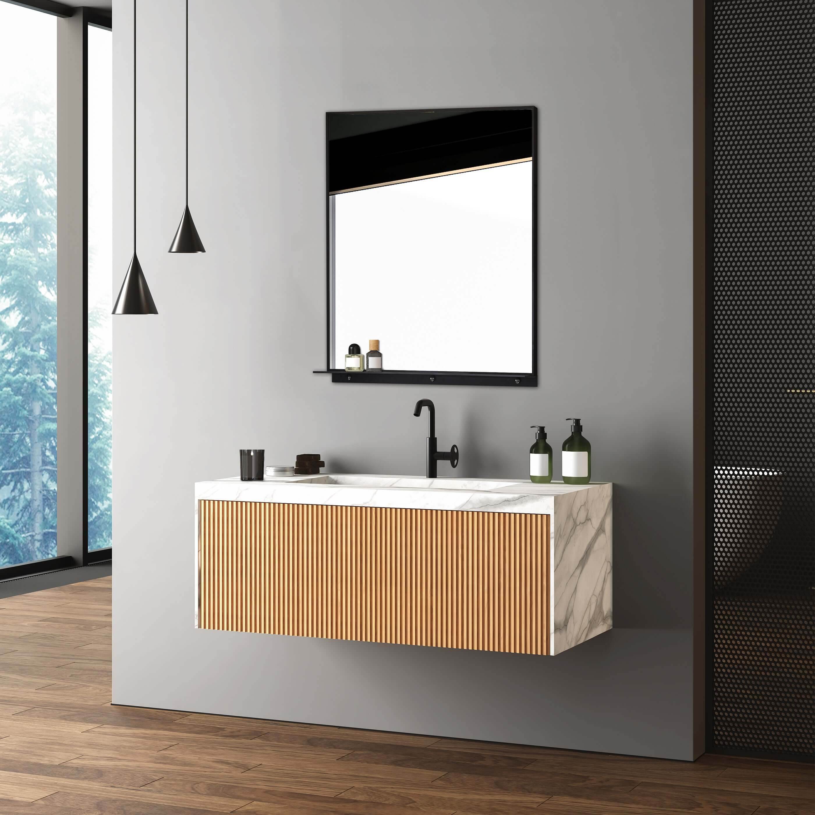 Lexi 24W x 32H Rectangular Framed Wall Mirror with Built-in Shelf in Matte Black - Perfect for Entryway, Bathroom & Bedroom Decor