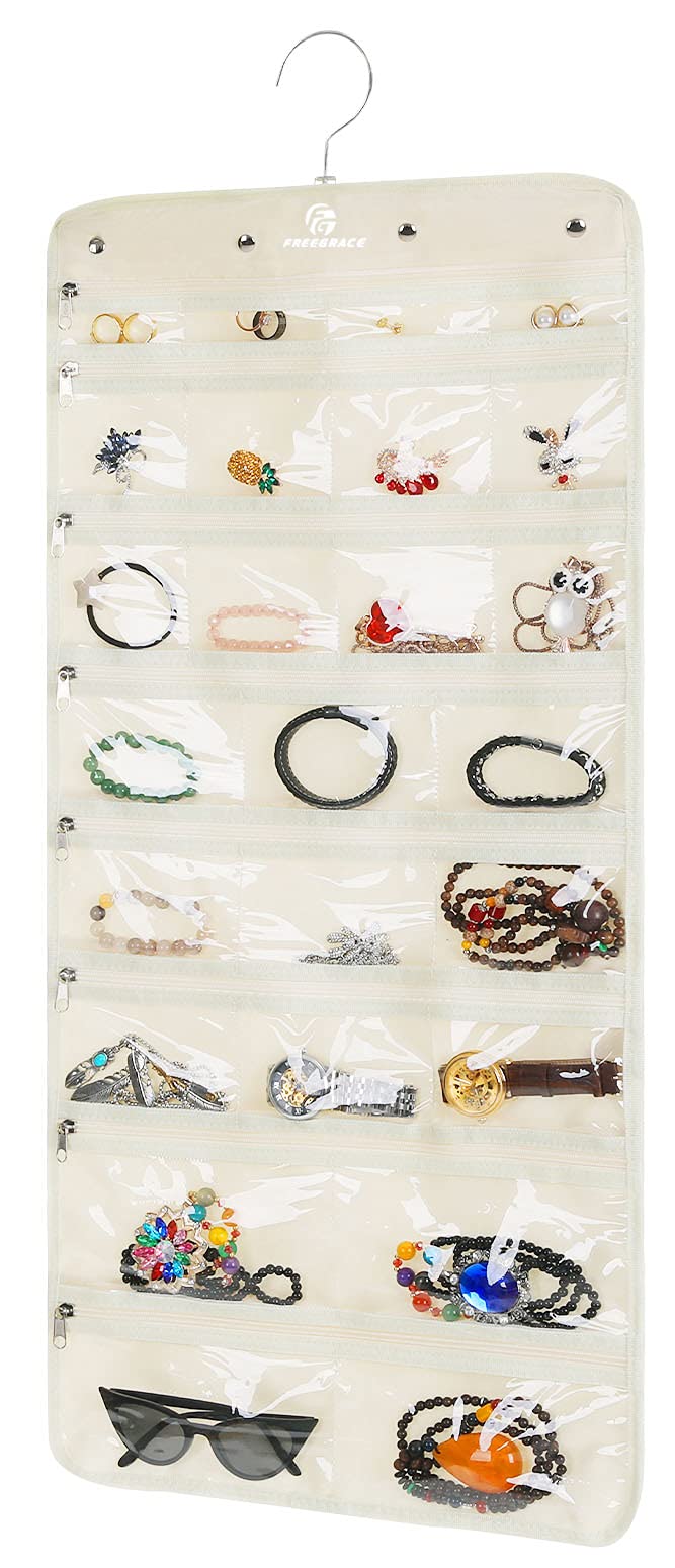 Revolving Jewelry Organizer Hanger with 50 Pockets - Foldable Storage & Display Solution with Secure Zipper Closure - Perfect for Necklaces, Earrings & Bracelets - Ideal for Bedroom, Closet & Travel (Beige)