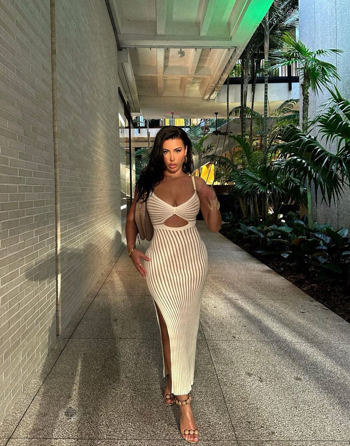 Elegant Cream Nude Ribbed Knit Bodycon Dress with Spaghetti Straps & Knot Detail - Perfect for Date Night, Summer Parties & Beach Vacations