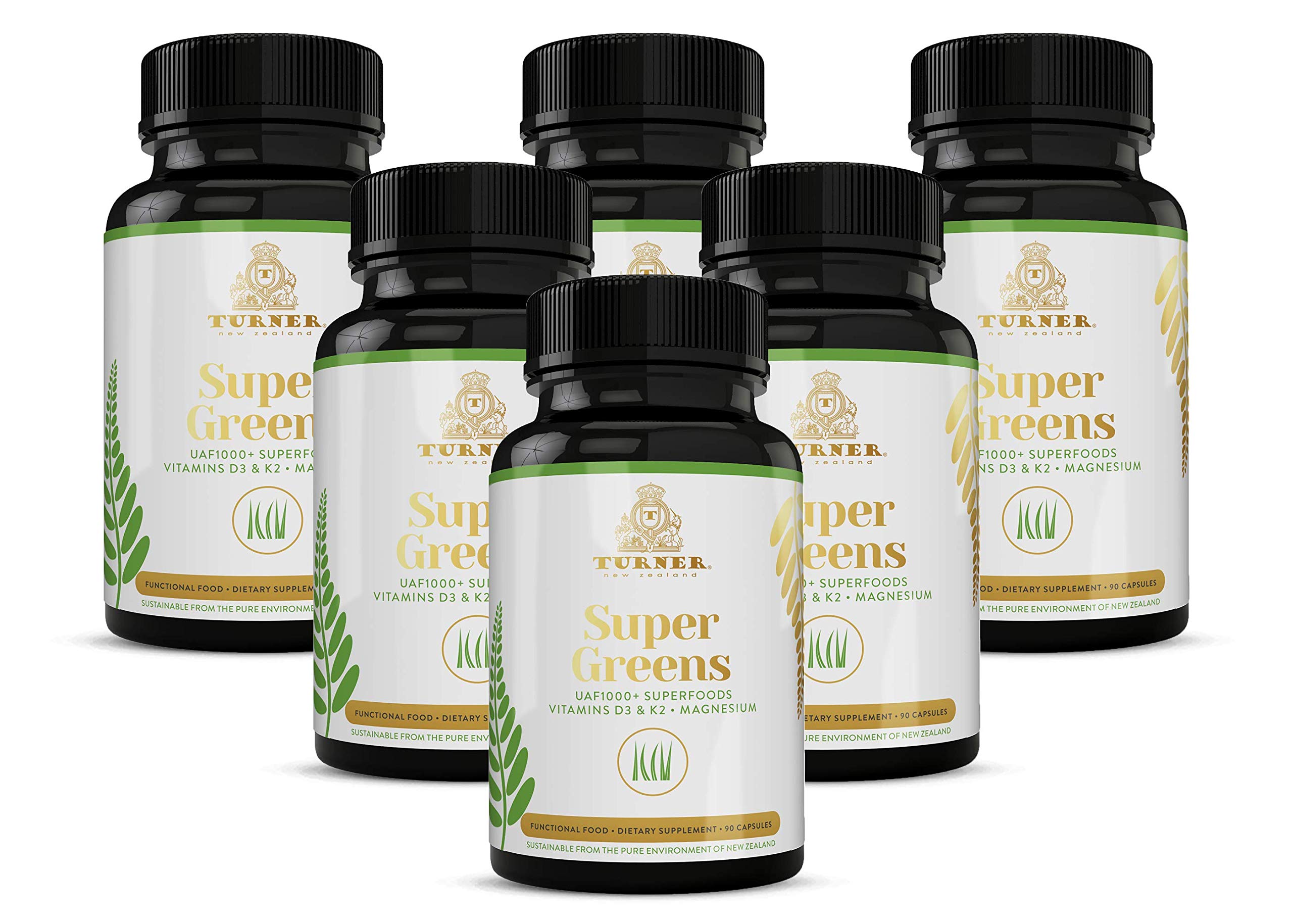 TURNER Super Greens Capsules with UAF1000+ | Wheat Grass Supplement | All-Natural New Zealand Green Superfood Energy | Essential Veggies, Antioxidants & Enzymes | Detox & Cleanse Formula | 540 Capsules (6 Bottles) | Boost Energy & Support Digestion | Perfect for Busy Professionals & Fitness Enthusiasts