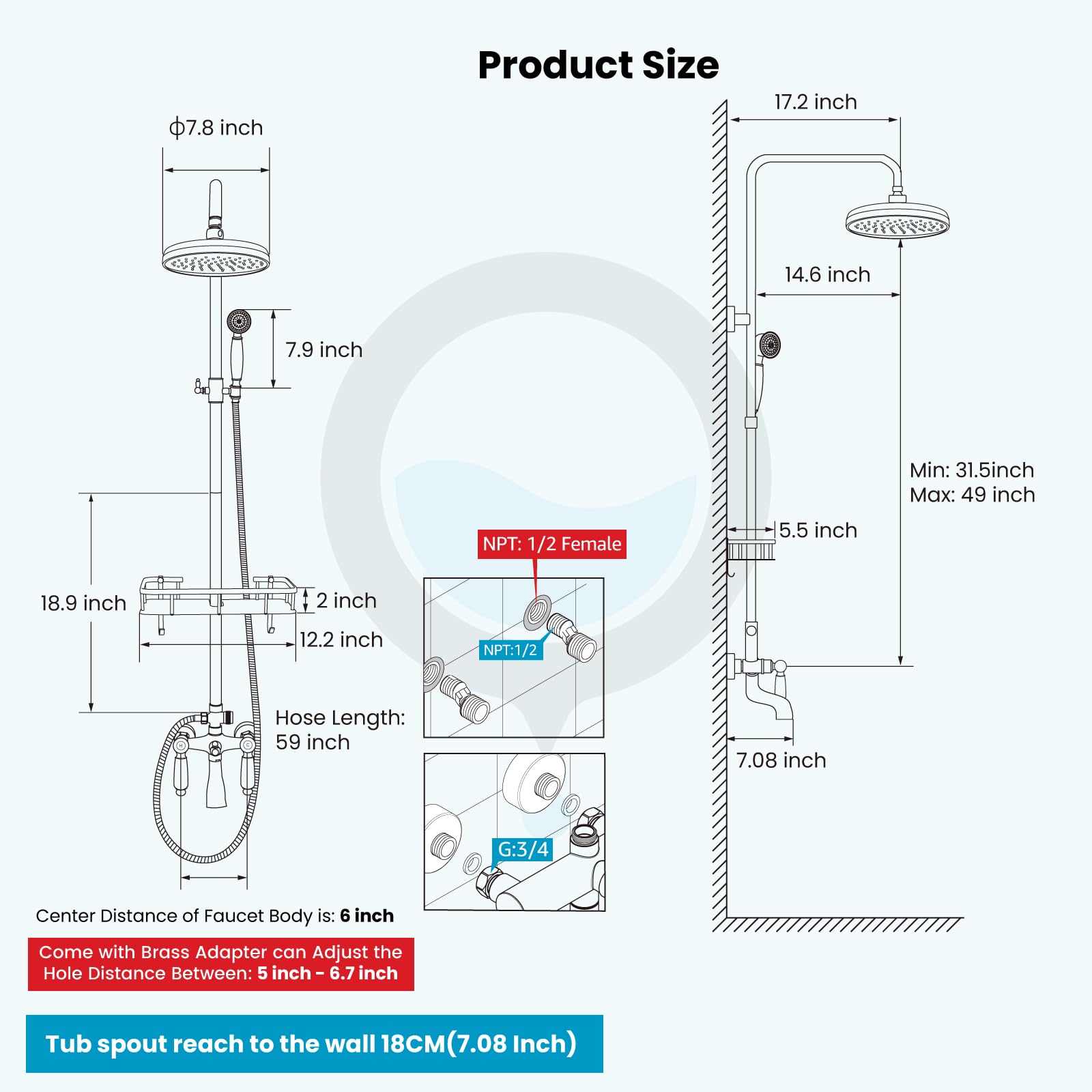 Gotonovo 8 Inch Rainfall Shower Head with Handheld Spray and Tub Spout - 3 Function Wall Mounted Antique Brass Bathroom Faucet Set with Shower Shelf - Perfect for Vintage Style Bathrooms and Spa-Like Shower Experience