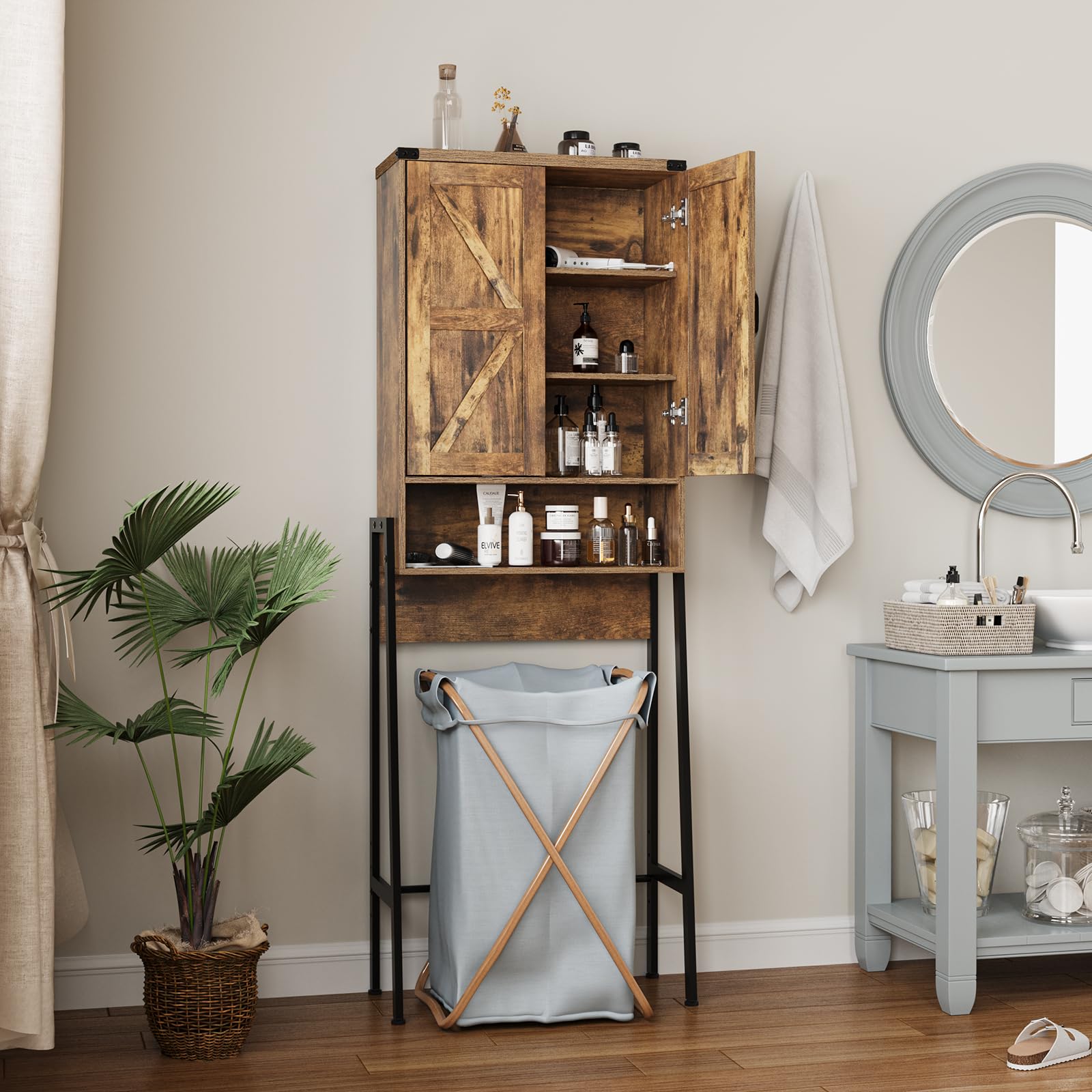 2-Door Over The Toilet Storage Cabinet with Shelves - Bathroom Organizer with Anti-Tip Device for Bathroom, Restroom & Laundry - Brown - Perfect for Small Space Organization and Extra Storage