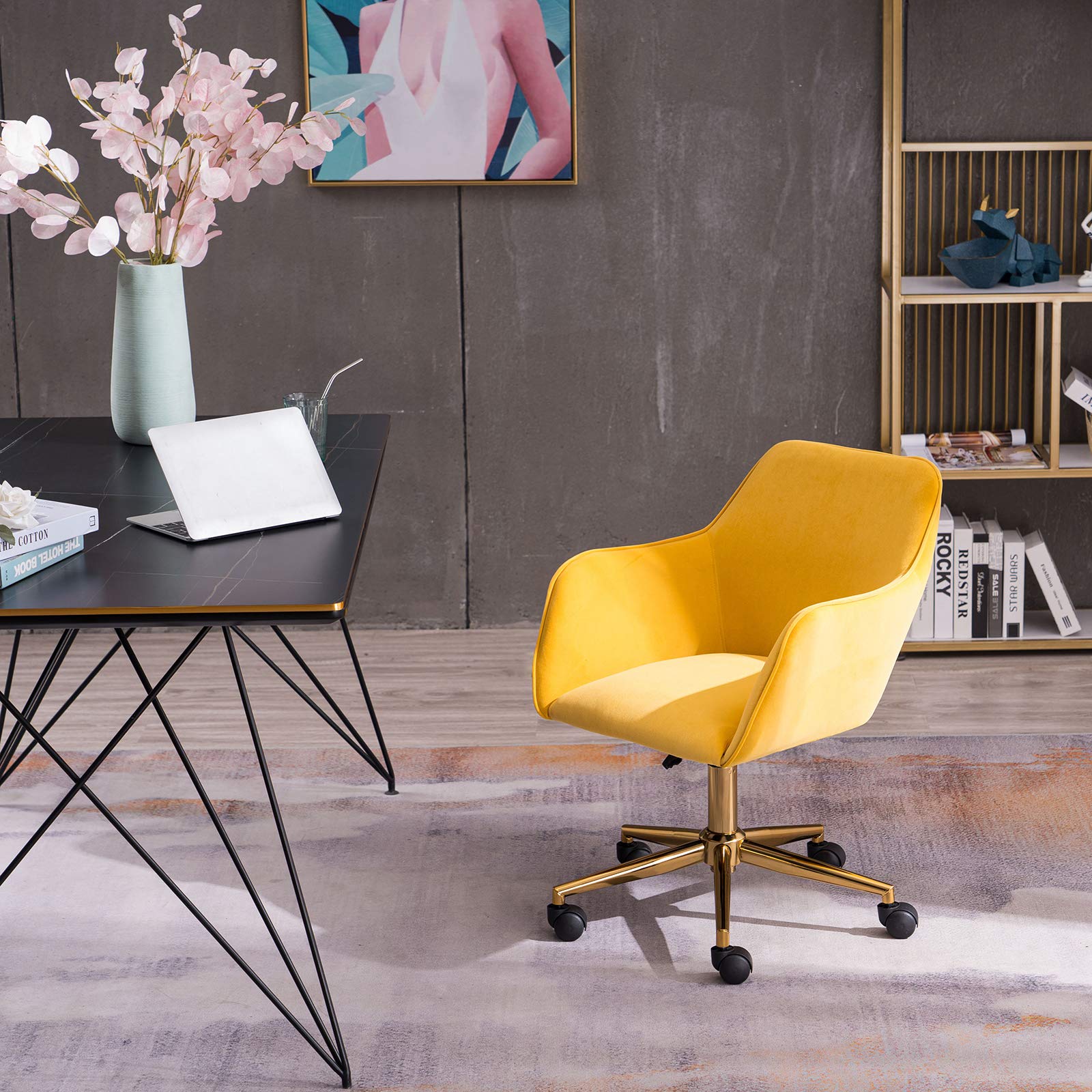 Ergonomic Home Office Chair with Lumbar Support & Armrest - 360° Swivel Rolling Fabric Computer Desk Chair for Work & Gaming (Yellow) - Perfect for Remote Work, Online Classes & Long Study Sessions