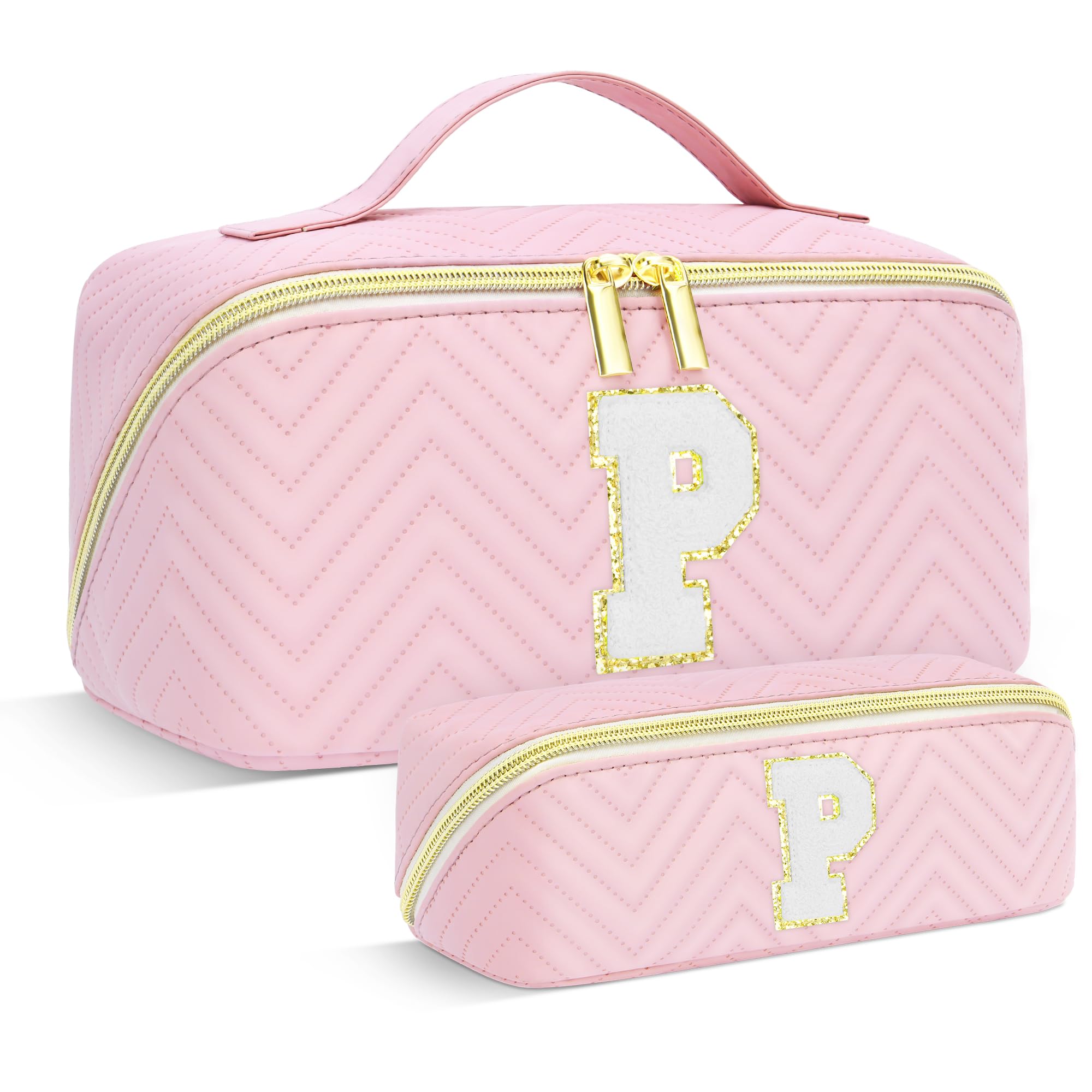 Personalized Initial Pink Makeup Bag - Large Capacity Waterproof Leather Cosmetic Organizer for Women & Teens | Perfect Travel Toiletry Bag, Birthday Gift for Girlfriend, Teacher | Great for Daily Use, Vacation Trips & Makeup Storage