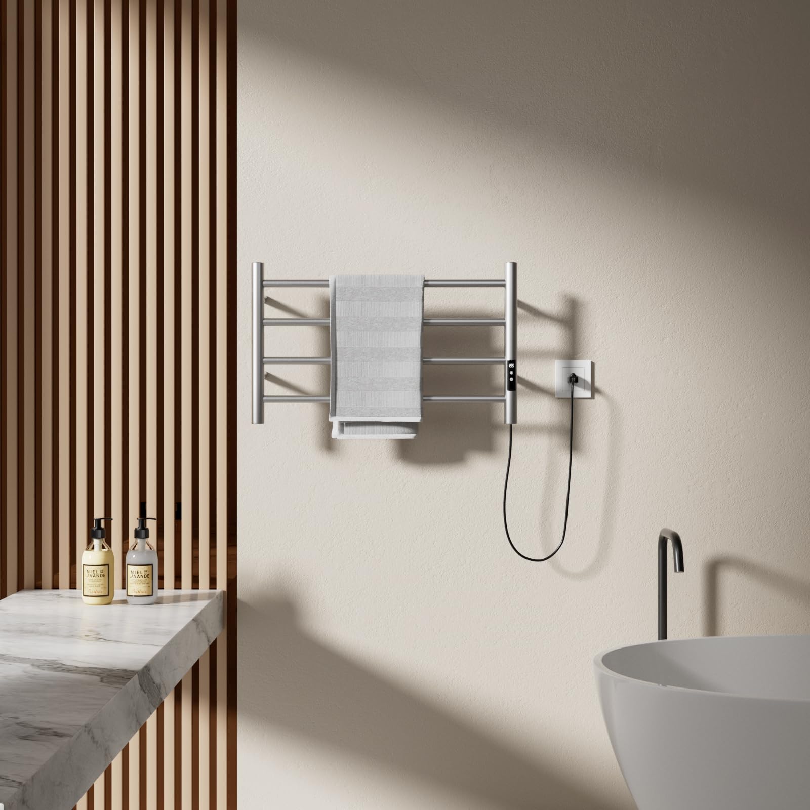 POPFLY 4-Bar Heated Towel Rack - Wall Mounted Electric Towel Warmer with Timer & Temperature Control - 304 Stainless Steel Bathroom Towel Heater - Perfect for Spa, Luxury Bathrooms & Cold Weather Comfort