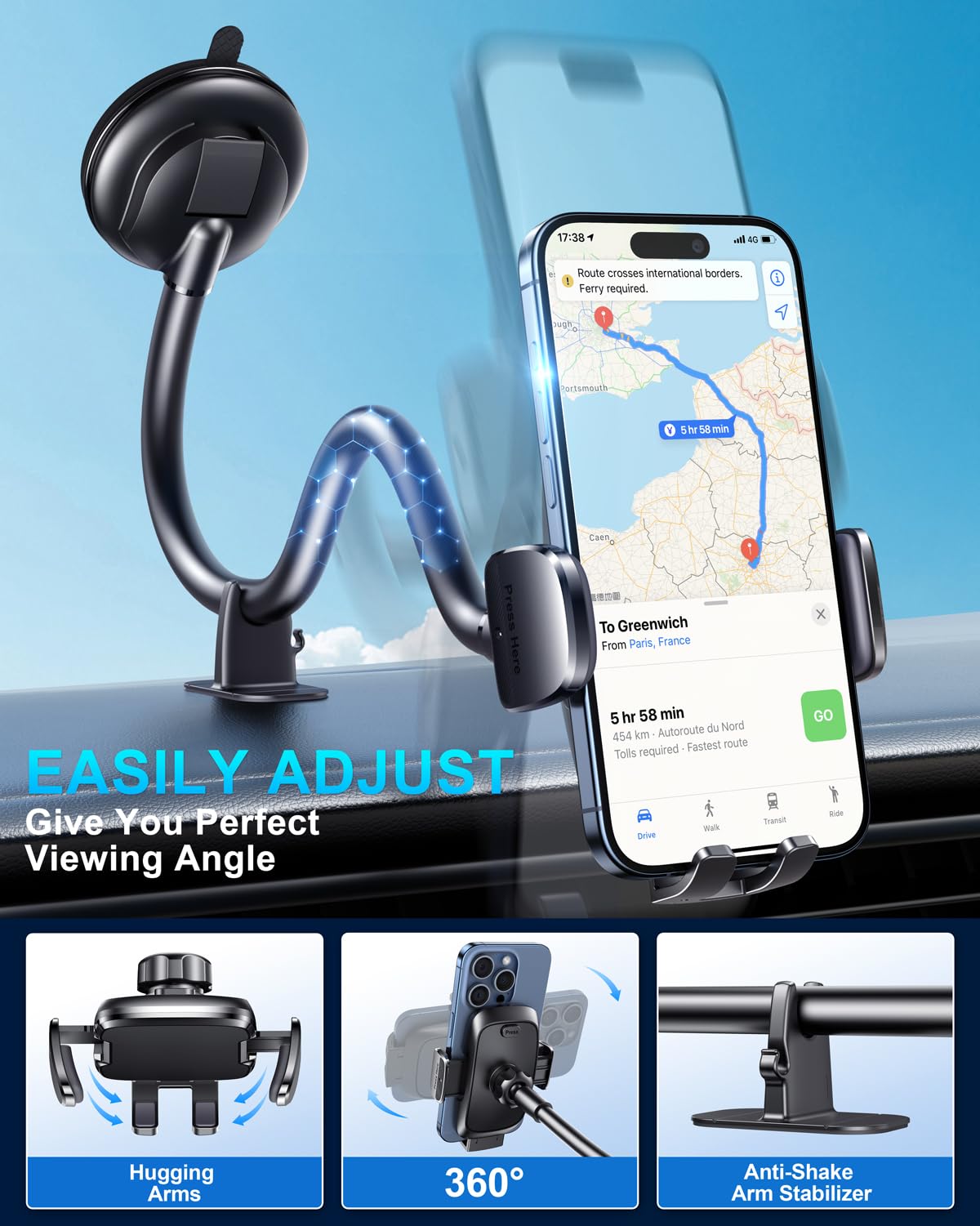 Premium Car Phone Holder - Flexible Long Arm & Anti-Shake Dashboard & Windshield Mount for iPhone & Android Smartphones | Perfect for GPS Navigation, Hands-Free Calls & Road Trips