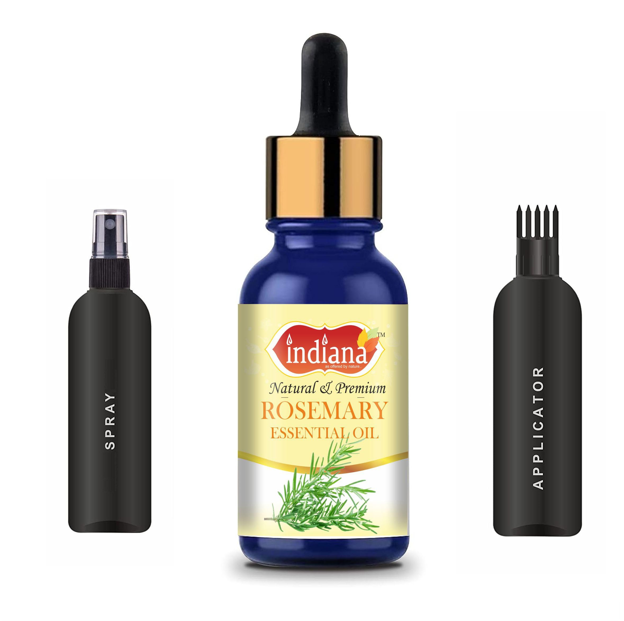Indiana Rosemary Essential Oil for Hair Growth & Skin Care - 100% Pure, Organic, Undiluted with Applicator Spray | Clinically Tested & Ecocert Certified | 15ml | Promotes Healthy Hair, Reduces Hair Fall & Nourishes Scalp | Perfect for Aromatherapy, Massage & DIY Beauty Recipes