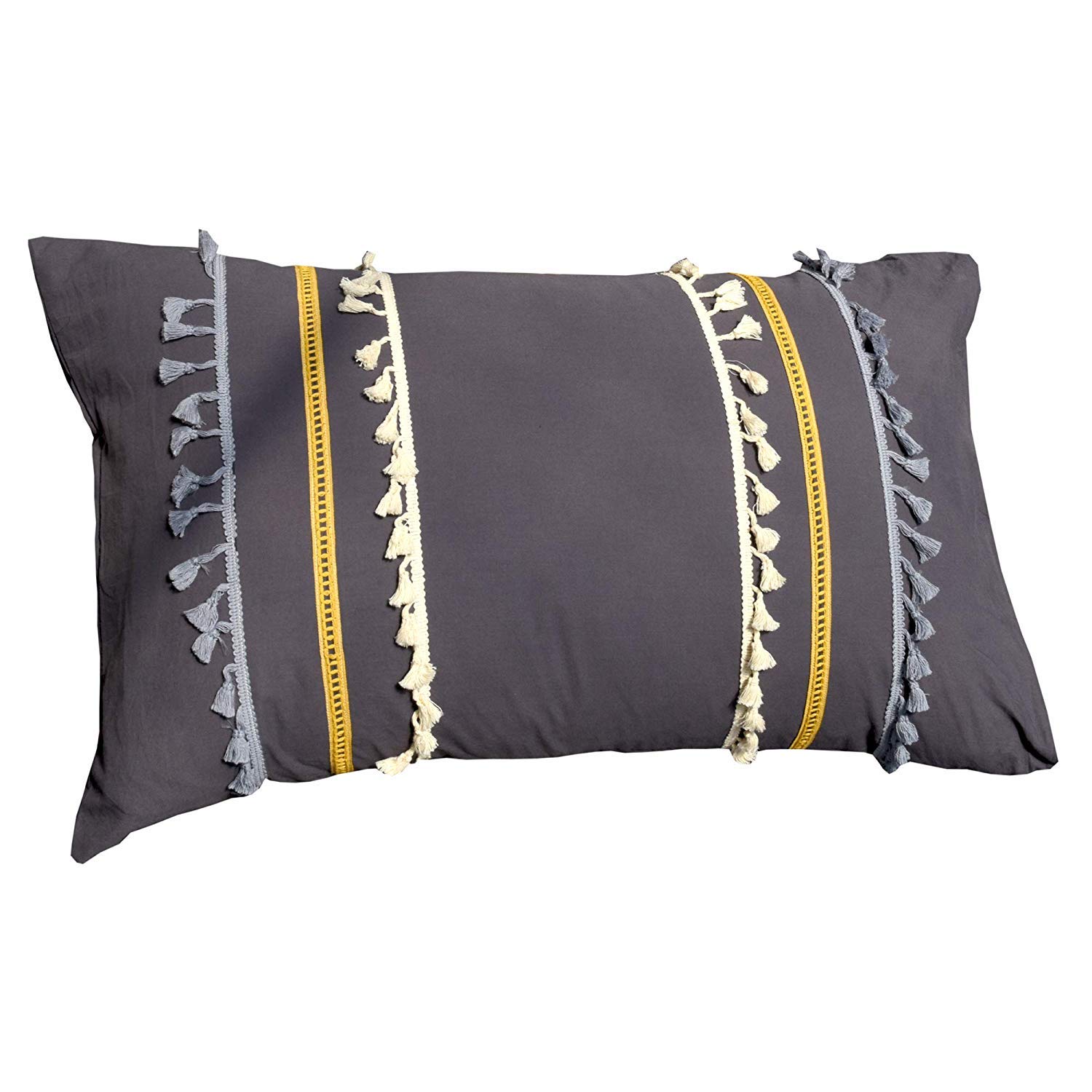 Boho Tassel Sham Pillow Covers Set of 2 - 100% Cotton King Size Gray Pillowcases for Bedroom Decor, Bohemian Home Accessories | Perfect for Living Room, Bedroom & Dorm Styling