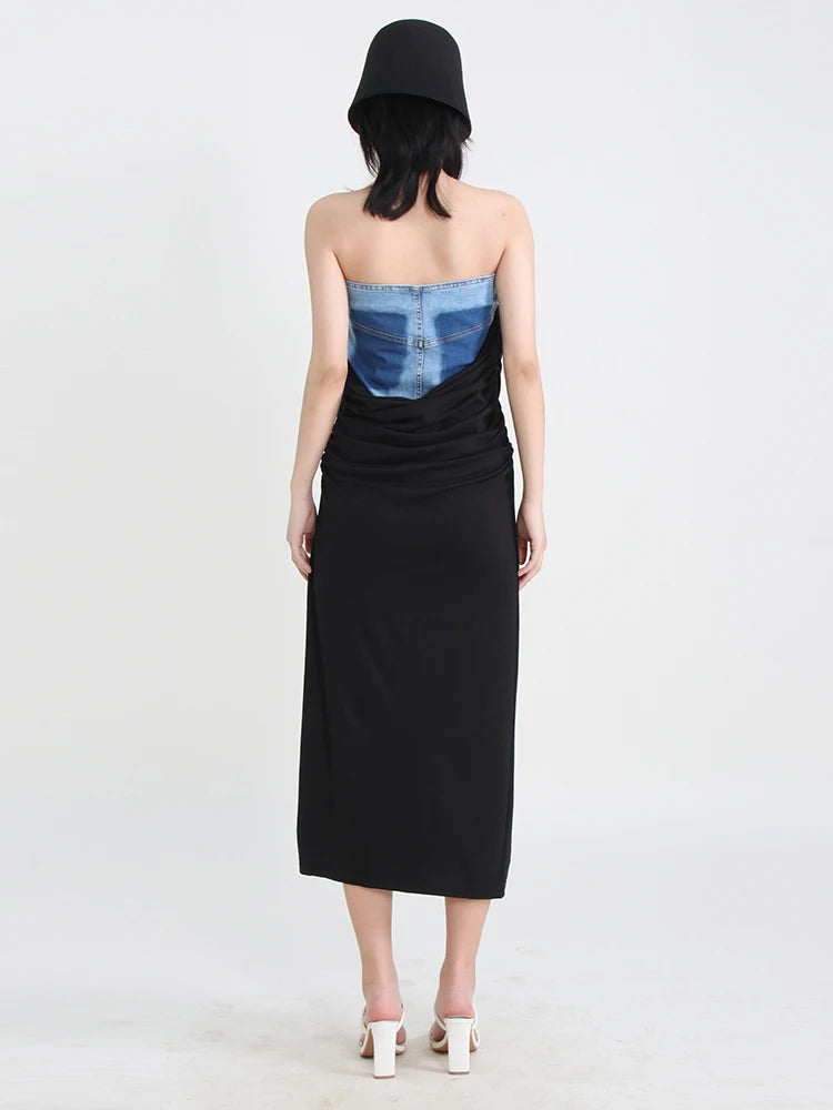 Women's High Waist A-Line Slim Patchwork Denim Skirt - Fashionable Folds & Temperament Design for Casual Outfits, Office Wear & Date Nights