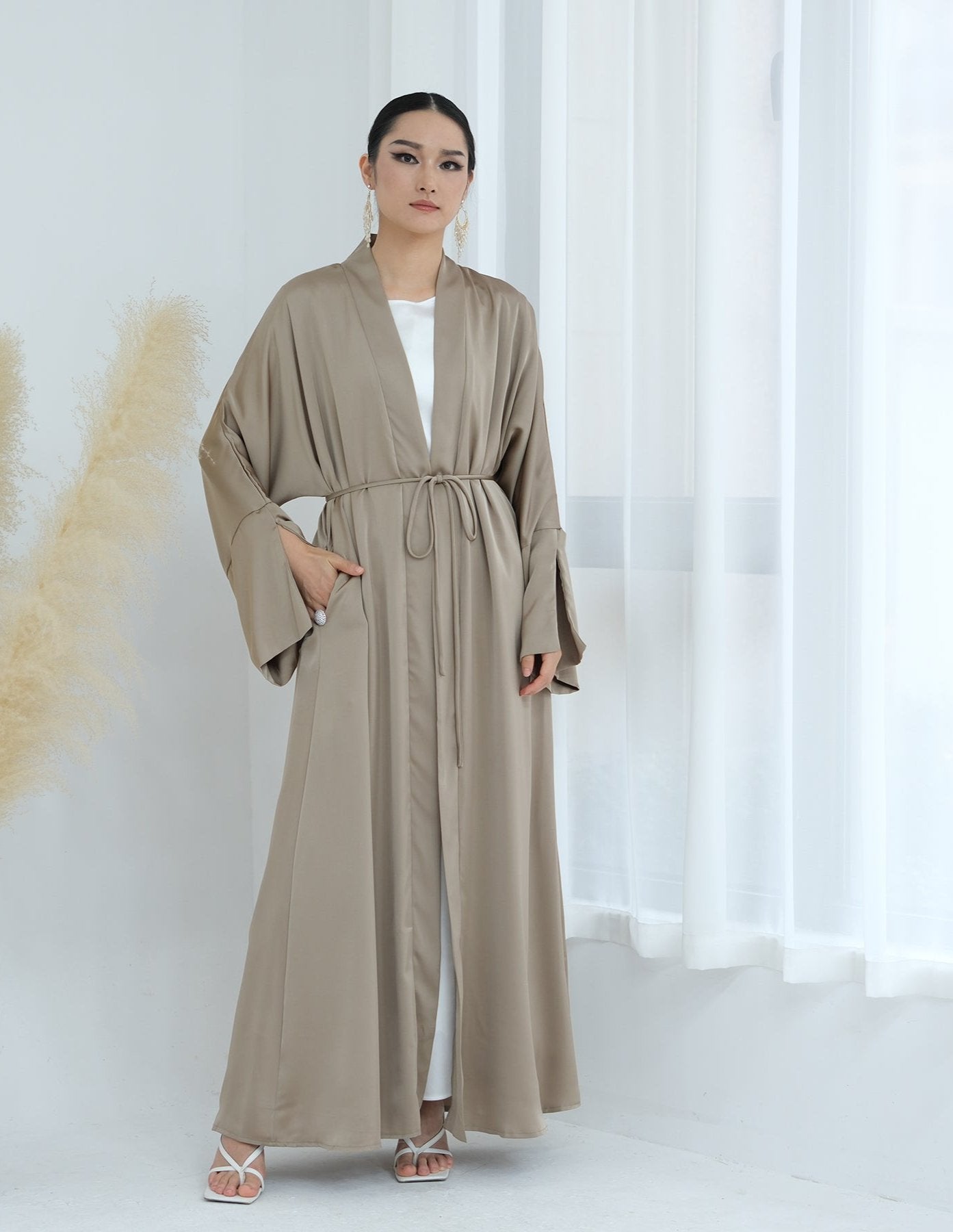 Lavinia Satin Open Abaya Champagne - Elegant Muslim Prayer Dress for Women | Perfect for Eid, Ramadan & Special Occasions