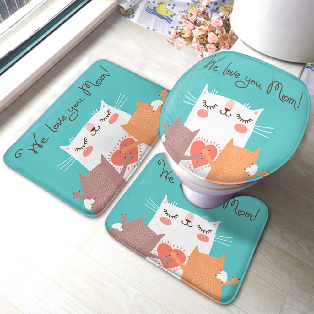 Cute Cat Bath Mat Set - 3 Piece Non-Slip Bathroom Rug with Toilet Lid Cover, Anti-Skid Pad in Green - Perfect for Mother's Day Gift & Kitty-Themed Bathroom Decor