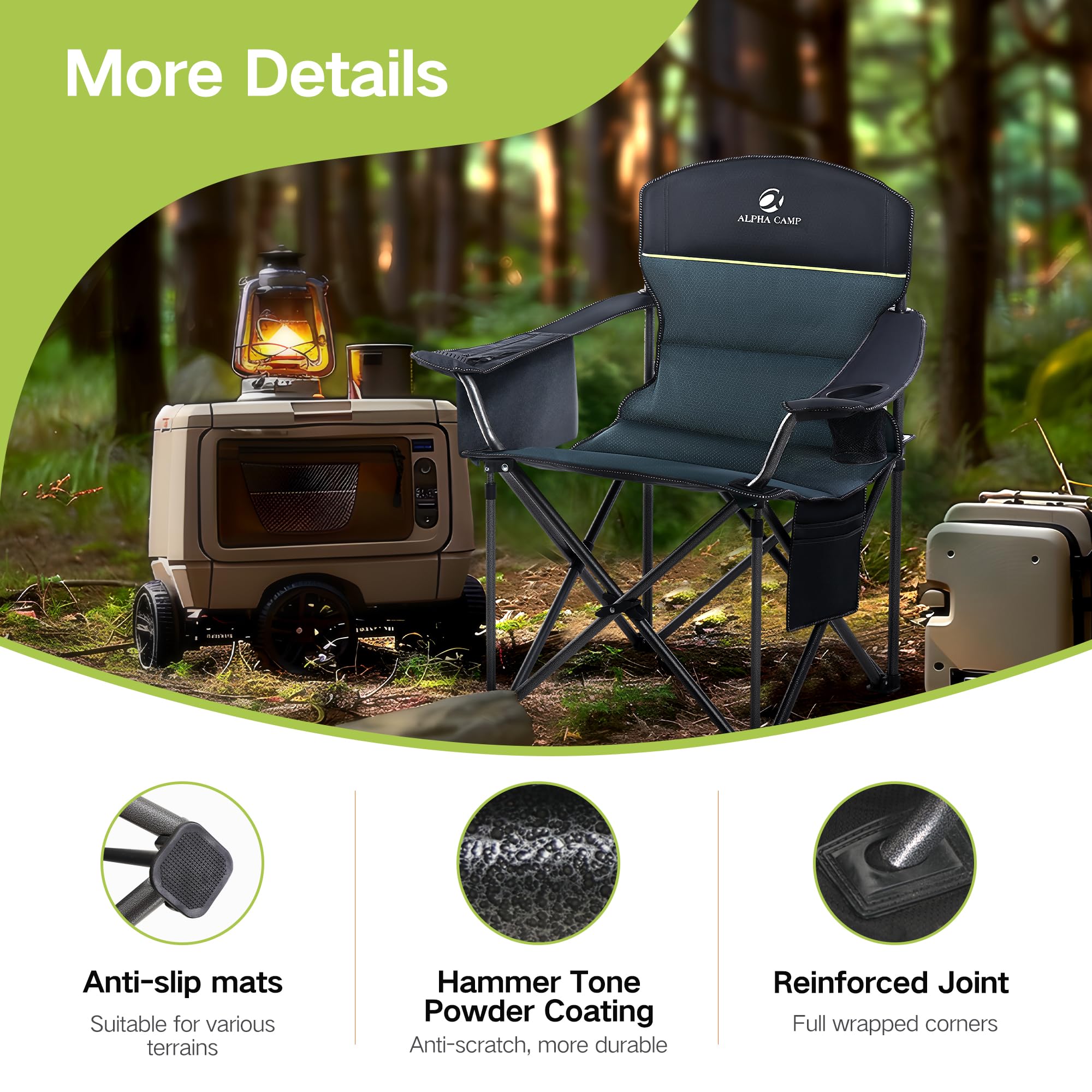 Heavy Duty Folding Camping Chair with Cooler Bag & Cup Holder - Oversized Padded Outdoor Armchair with Storage Pocket & Quad Lumbar Support - Perfect for Backyard, Beach, Picnics, Fishing & Camping Trips