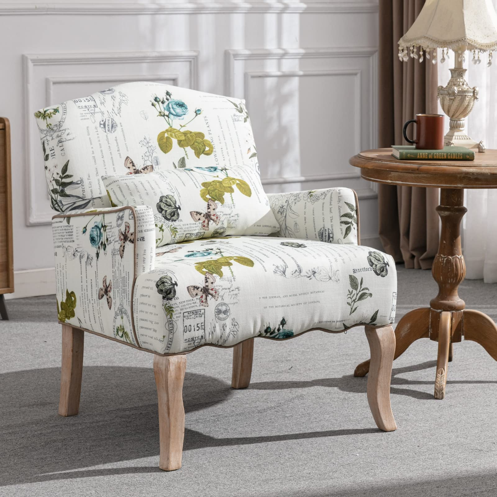 Modern Floral Accent Armchair with Removable Pillow - Linen Upholstered Reading Chair for Living Room, Bedroom & Fireplace - Beige Butterfly Pattern Comfy Single Sofa - Perfect for Cozy Reading Nooks & Relaxation Spaces