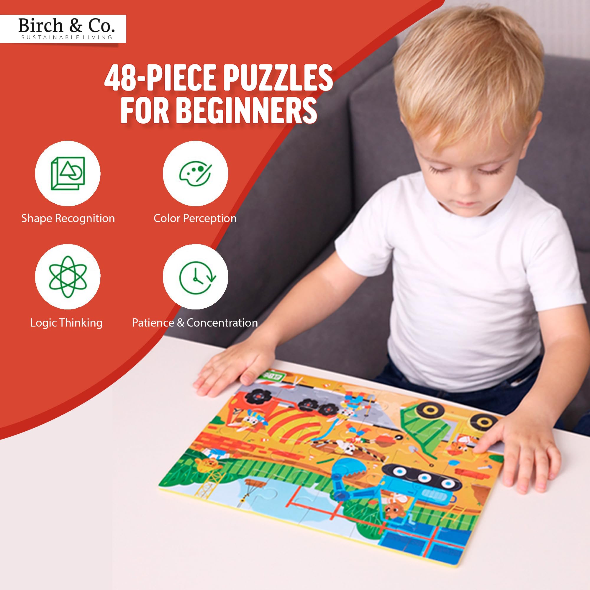 Birch & Co. Construction Theme 48-Piece Jigsaw Puzzle for Kids | Educational Puzzle Game for Children | Perfect for Family Game Night & Preschool Learning Activities