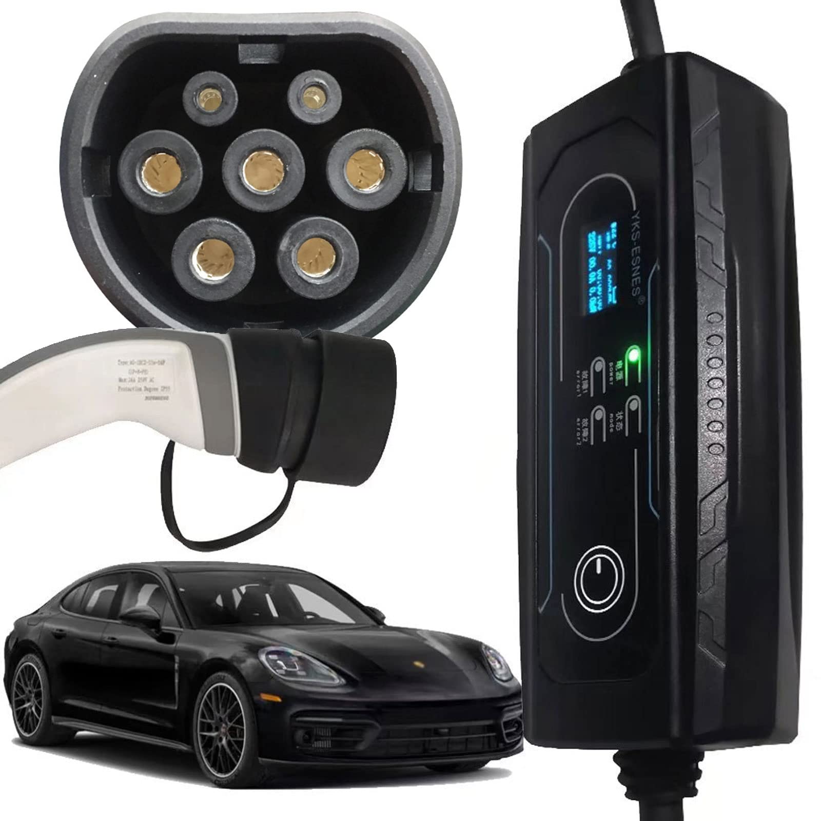 8A-16A Type 2 Portable EV Charger with LCD Display | 3kW AC Electric Vehicle Charger | Compatible with Porsche,Chevy,Panamera 2011-2021 Models | Home & Travel Charging Solution | CEE Certified