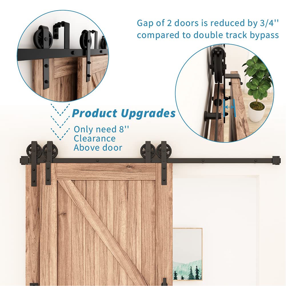 ZEKOO 12 FT Bypass Sliding Barn Door Hardware Kit - Single Track System for Double Wooden Doors - One-Piece Rail Flat Track Roller with Spoke Wheel Style - Perfect for Farmhouse, Rustic, and Modern Home Decor (12 Feet)