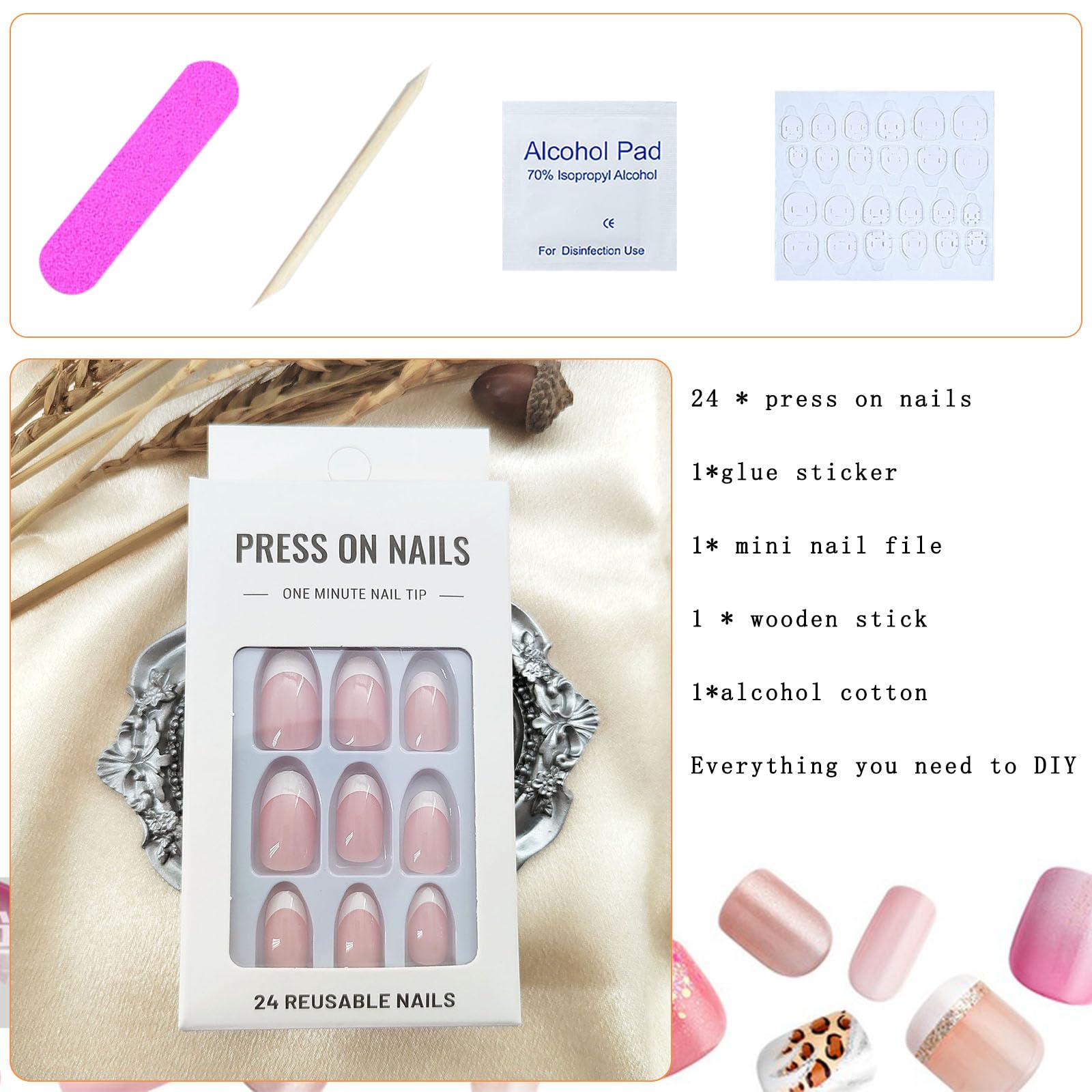 White French Tip Press On Nails - 24Pcs Short Oval Fake Nails with Glue, Light Pink Full Cover Acrylic False Nails for Women | Easy to Apply, Natural Look for Daily Wear, Perfect for Office, Parties & Special Occasions