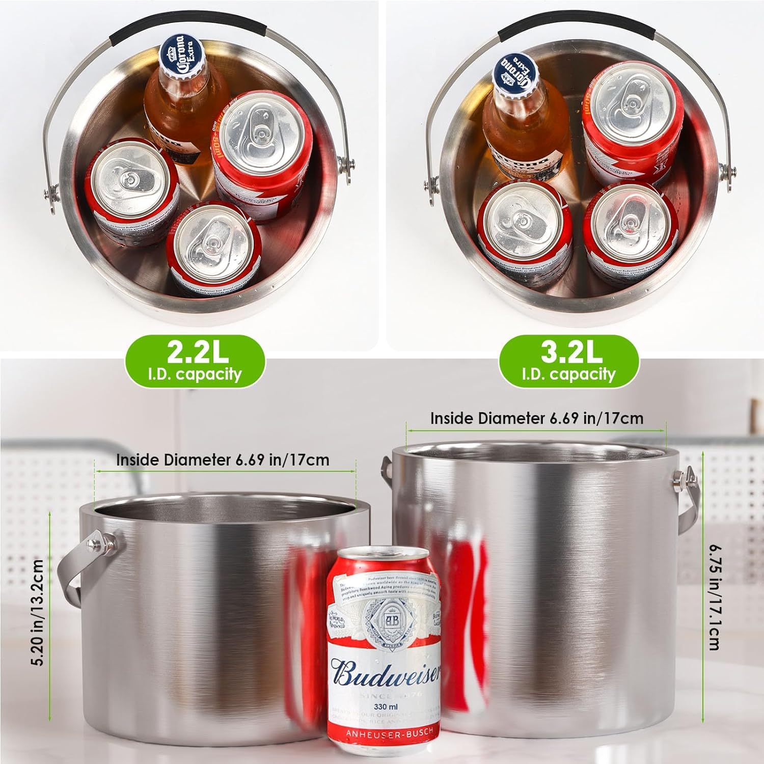 Premium 2.2L Double Wall Insulated Stainless Steel Ice Bucket with Lid & Scoop - Wine Chiller for Cocktails, Parties, Bars & Outdoor Entertaining