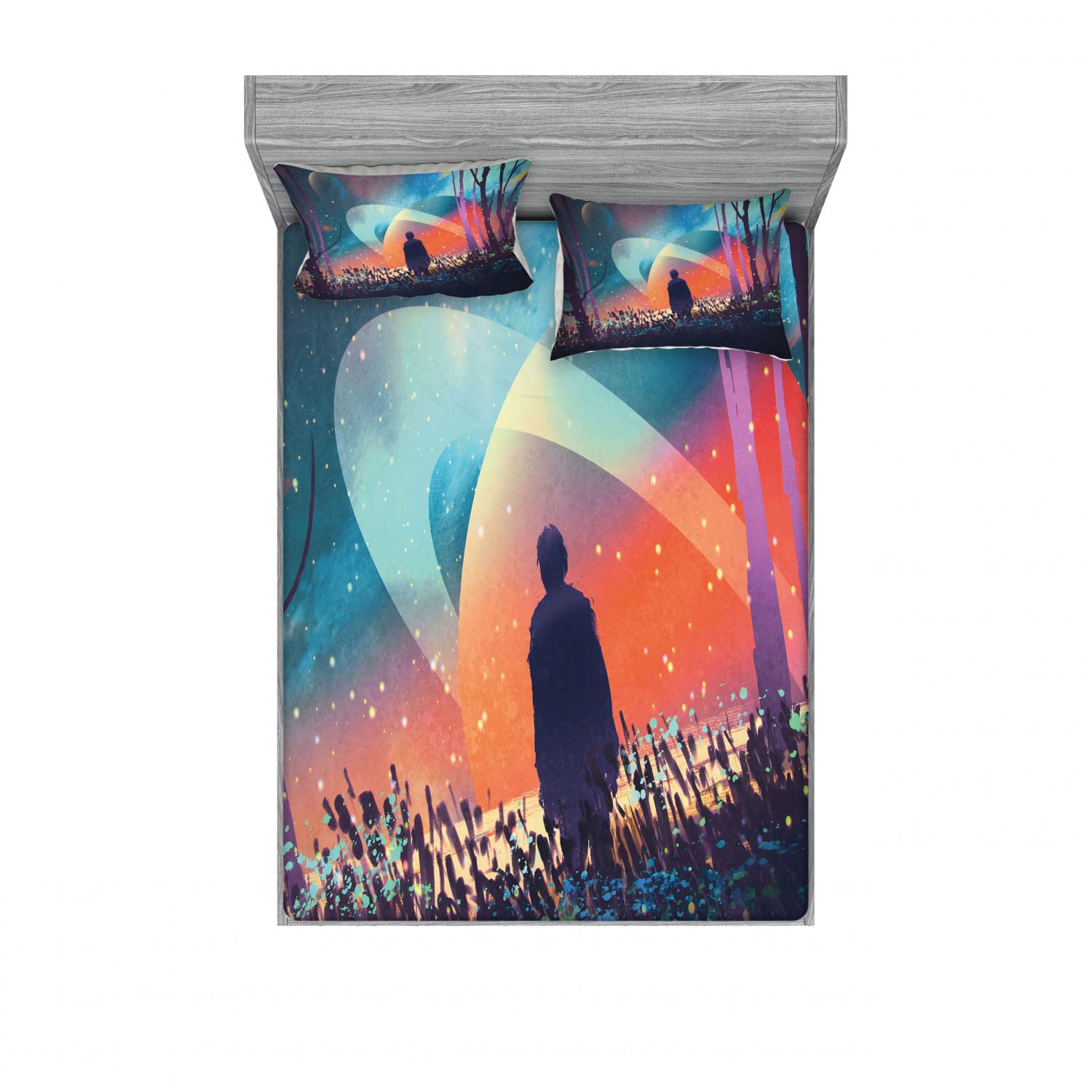 Ambesonne Space 2 Pack Queen Size Fitted Sheet & Pillow Sham Set - Galaxy Planets Cosmos Design Bedding Collection (4 Pcs: 2 Fitted Sheets & 4 Pillow Covers) - Vibrant Multicolor Space Themed Decor for Kids Room, Teen Bedroom or Astronomy Lovers