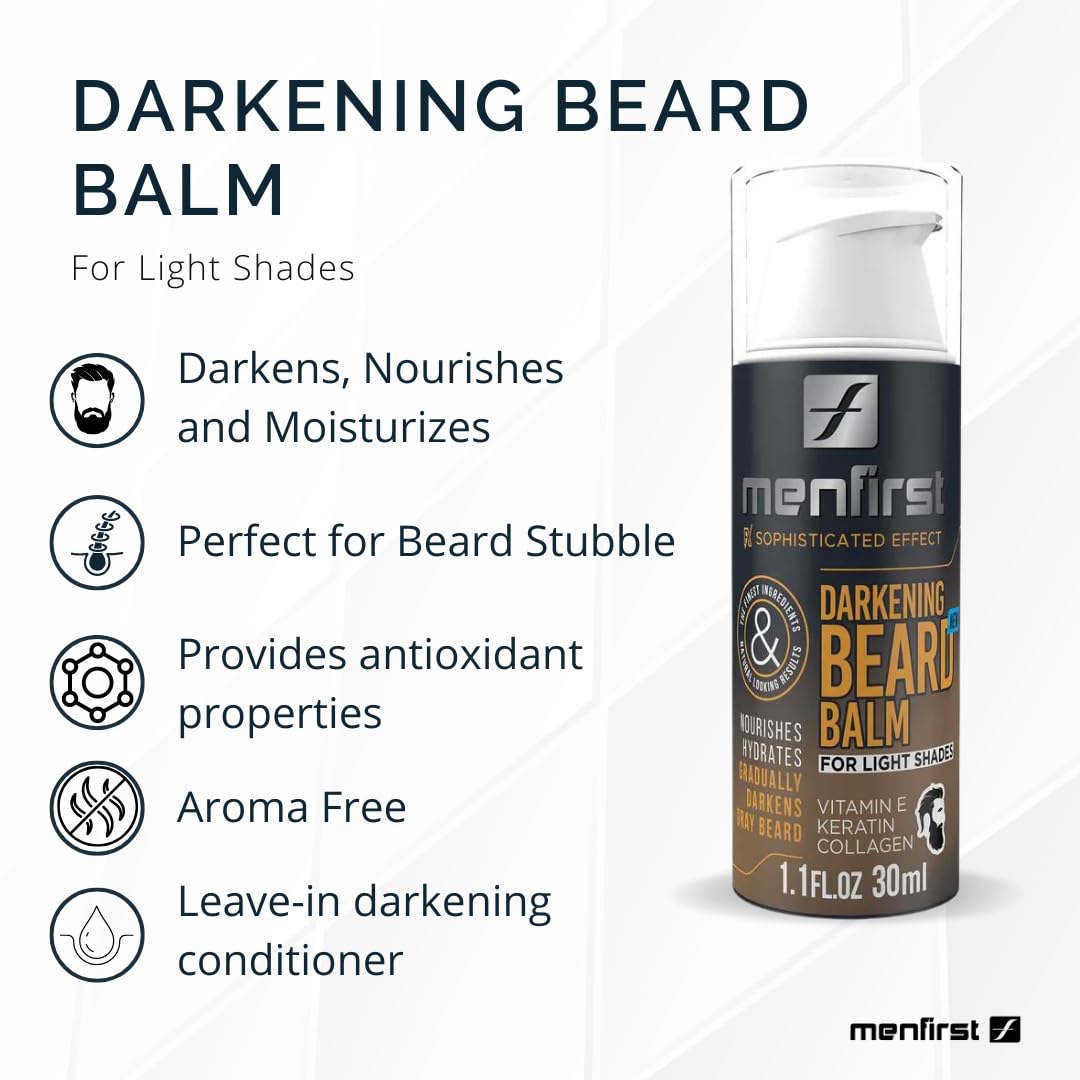 MenFirst Darkening Beard Balm for Sensitive Skin – Gradually Covers & Darkens White Hair, Leave-In Conditioner for Blonde & Light Brown Beards with Keratin, Collagen & Vitamin E (1.1 Fl Oz) – Perfect for Daily Grooming & Styling