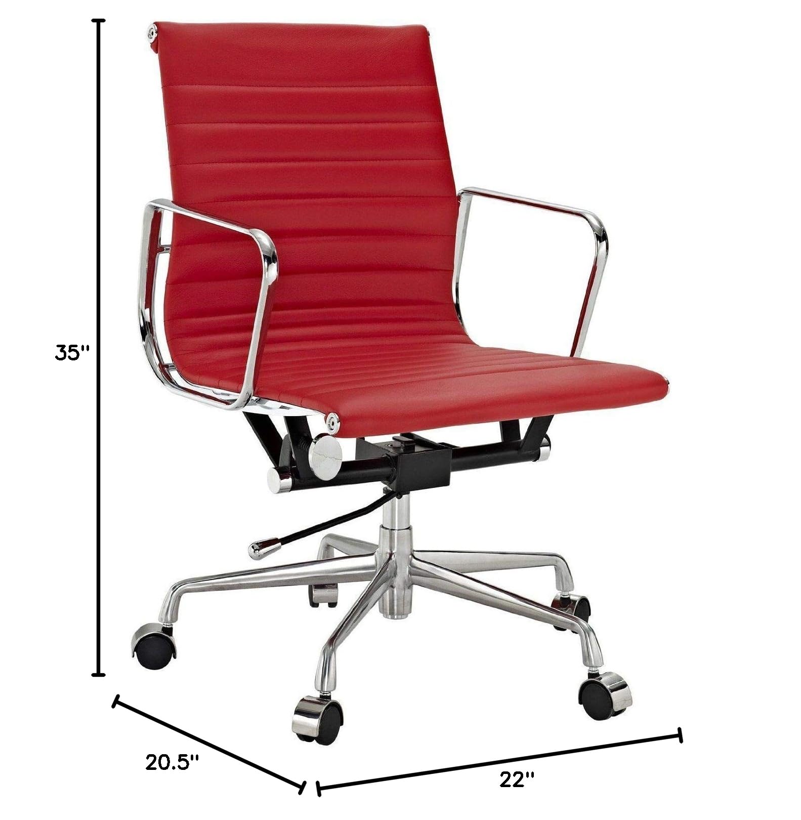 AG Ribbed Mid Back Office Chair - Premium Italian Leather (Red) - Ergonomic Design for Home & Office Workspaces