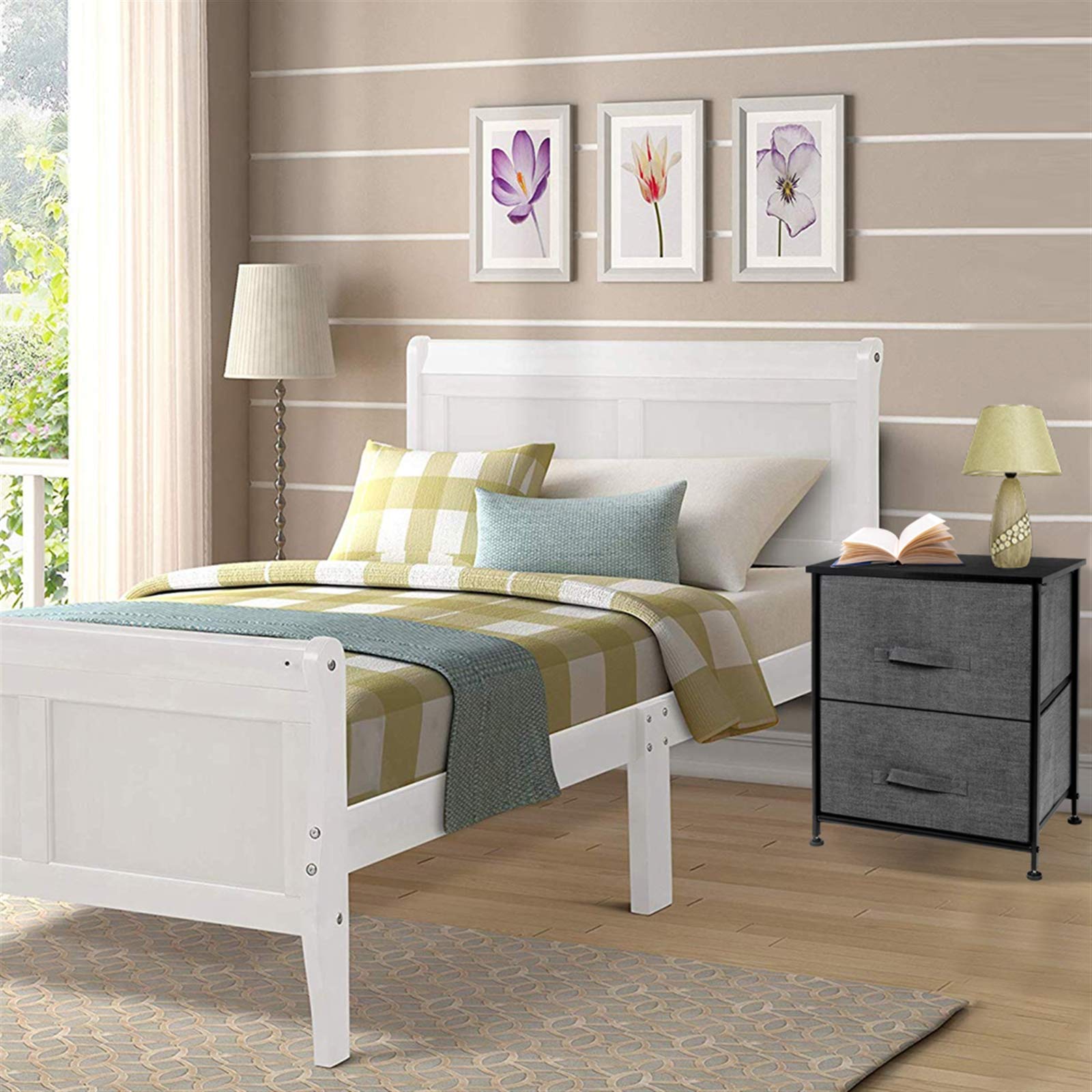 Modern Nightstand with 2 Drawers & Fabric Bins - Steel Frame & Wood Top End Table - Bedroom Storage Organizer for Clothes, Books & Essentials - Perfect for Bedside, Hallway or Entryway (Grey)