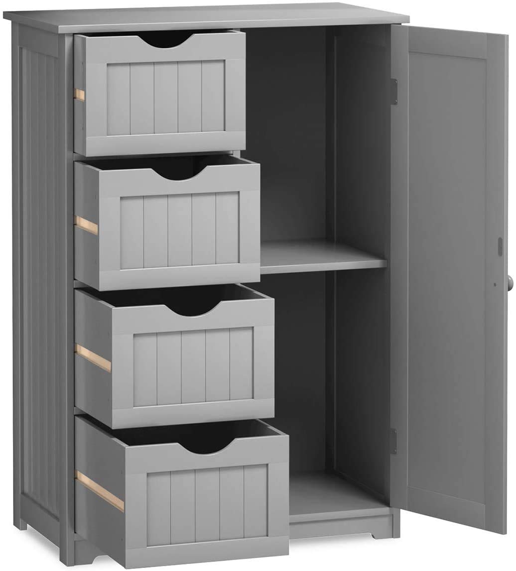 Nightcore Wooden Floor Storage Cabinet with 1 Door & 4 Drawers - Free Standing Bathroom Cabinet for Living Room, Bedroom, Entryway - Durable Gray Storage Cupboard for Organizing Towels, Clothes & Home Essentials