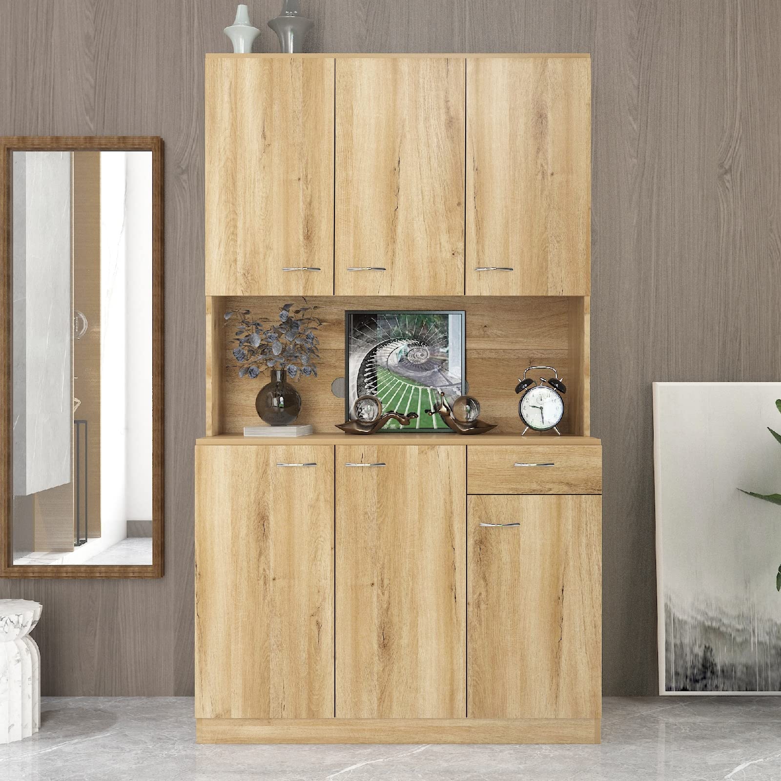 Otryad Solid Oak Wood Kitchen Storage Cabinet with 6 Doors, 1 Drawer & Open Shelf - Organizer for Bedroom, Living Room & Kitchen - Perfect for Storing Dishes, Linens & Home Decor