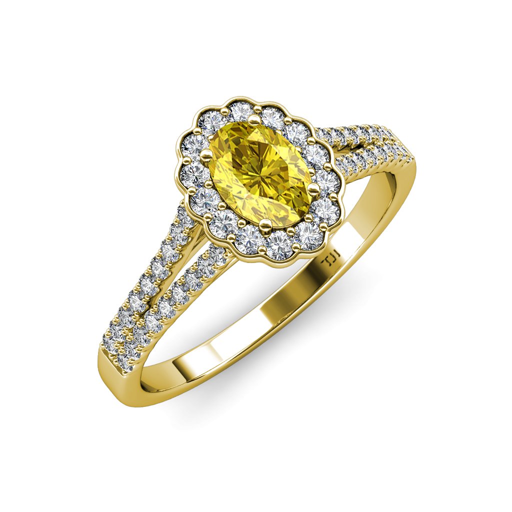7x5mm Yellow Sapphire Diamond Halo Ring - 14K Gold for Engagement