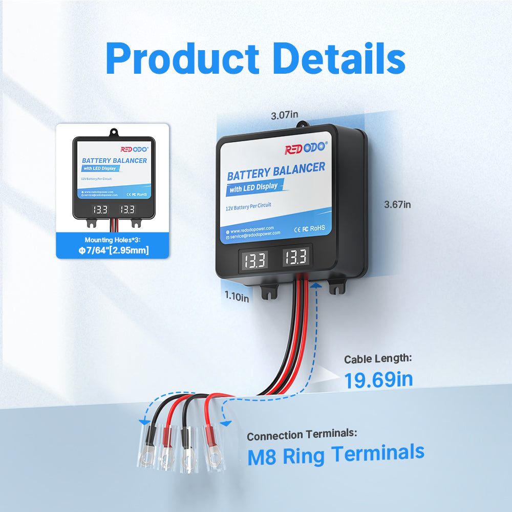 Redodo 24V (2x12V) Battery Balancer with LED Display - Compatible with LiFePO4, Lead Acid & Gel Batteries - Ideal for Home, RV, Solar Systems, Trolling Motors & Off-Grid Applications