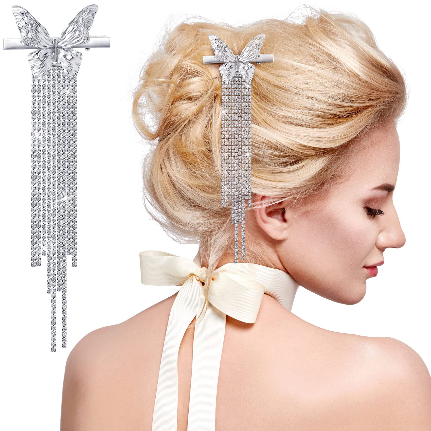 Sparkly Butterfly Rhinestone Hair Clips for Women - 2 Pack Crystal Tassel Duckbill Barrettes, Bridal Wedding Hair Accessories | Perfect for Parties, Prom, Weddings & Everyday Glam