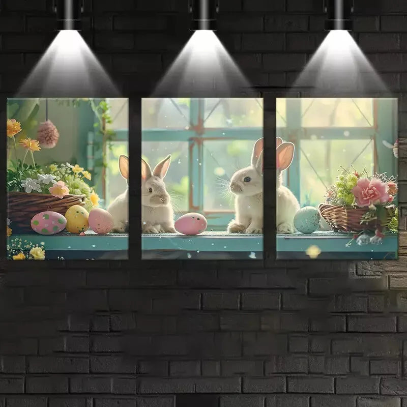 3pcs Easter Bunny Canvas Wall Art Set with Florals & Eggs - 50x70cm Framed Canvas Prints | High Quality Australian Made | Ready to Hang | Perfect for Easter Home Decor, Nursery & Living Room Wall Decor