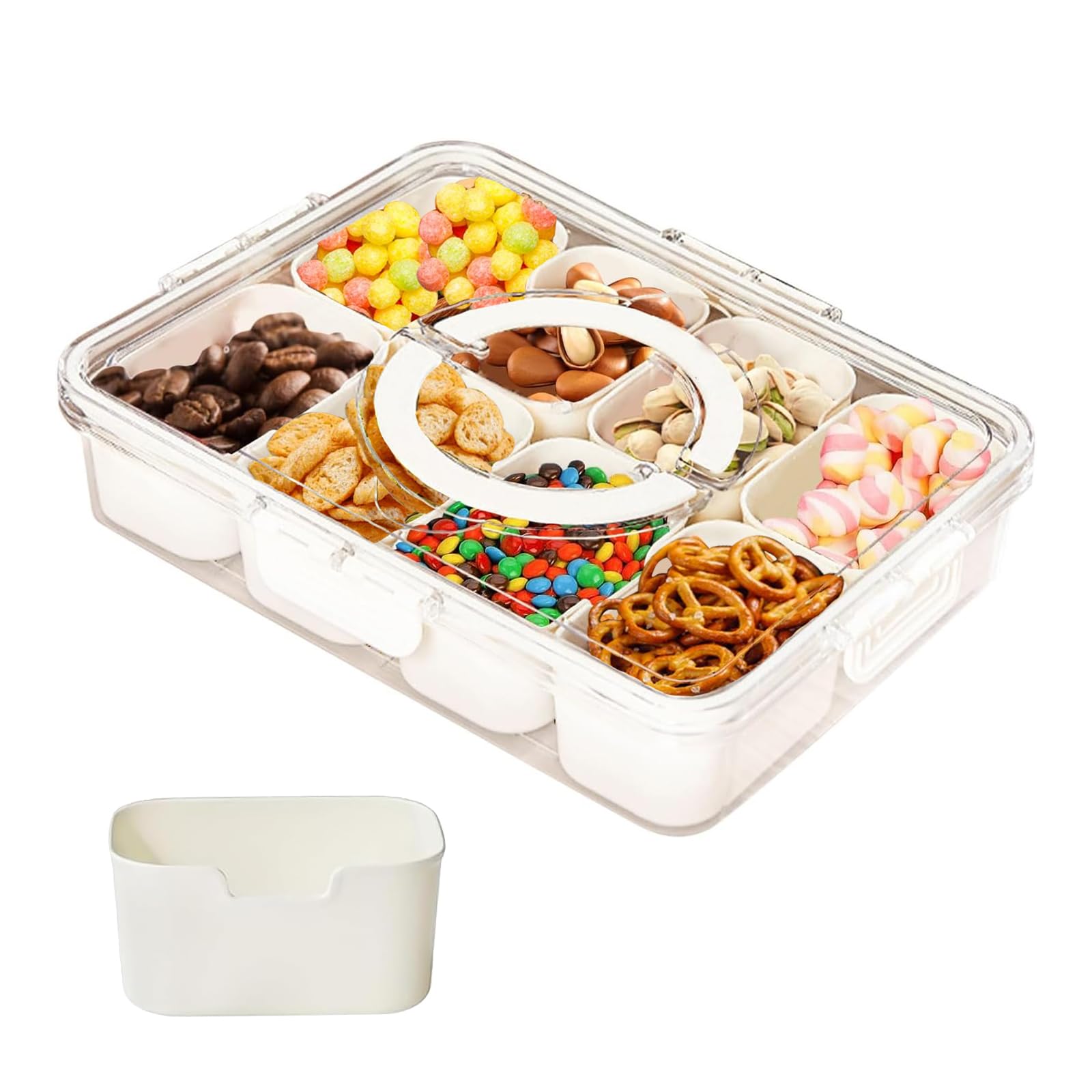 SESAMELESS 8-Compartment Snack Tray with Lid & Handle - Portable Divided Food Container for Snacks, Veggies, Candy & Spices - Perfect for Kitchen, Fridge, Picnics & Parties